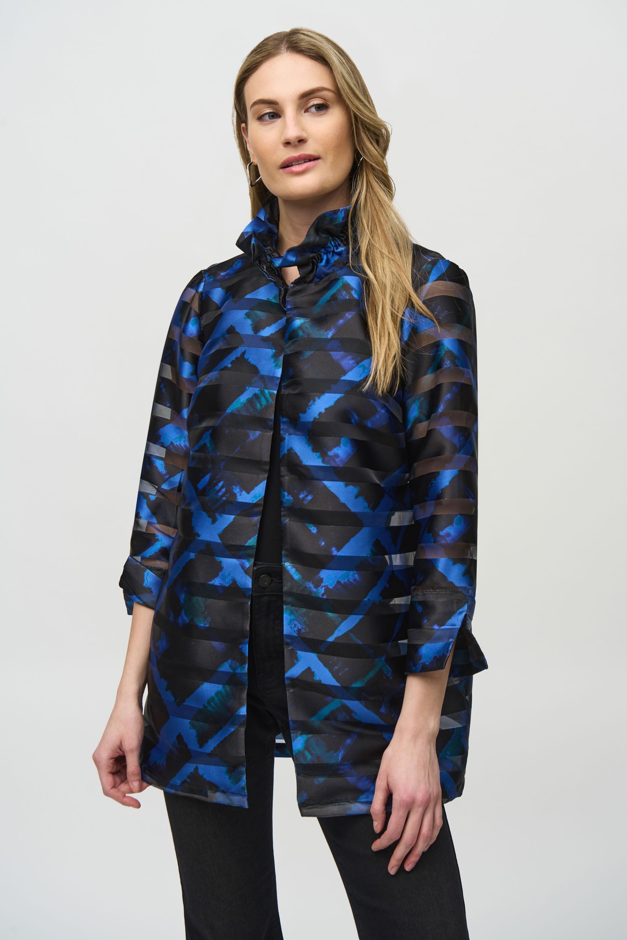 Joseph Ribkoff (244198) Three Quarter Sleeve Satin and Organza Plaid Jacket in Blue and Black 