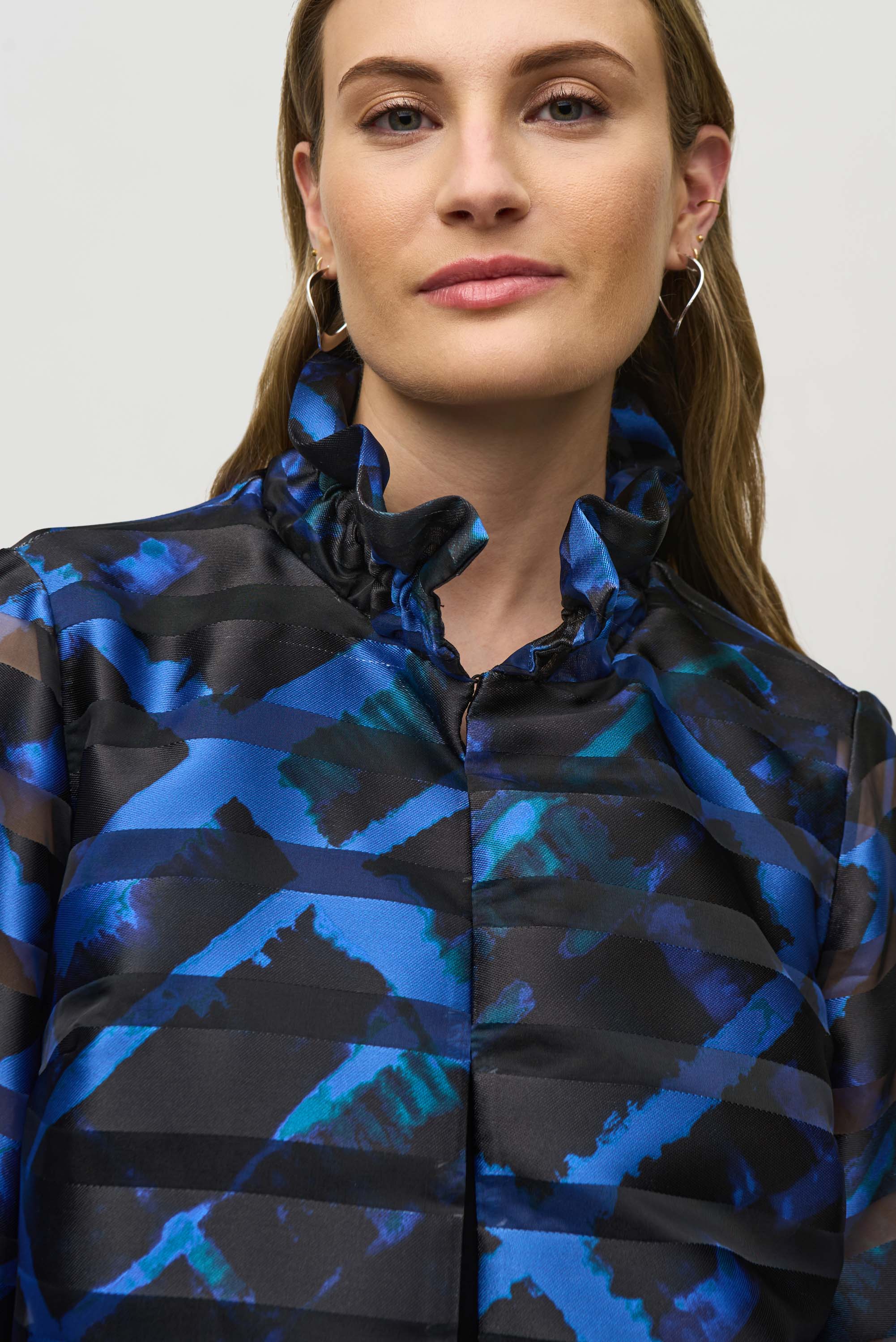 Double-Shirred Collar Joseph Ribkoff (244198) Three Quarter Sleeve Satin and Organza Plaid Jacket in Blue and Black 