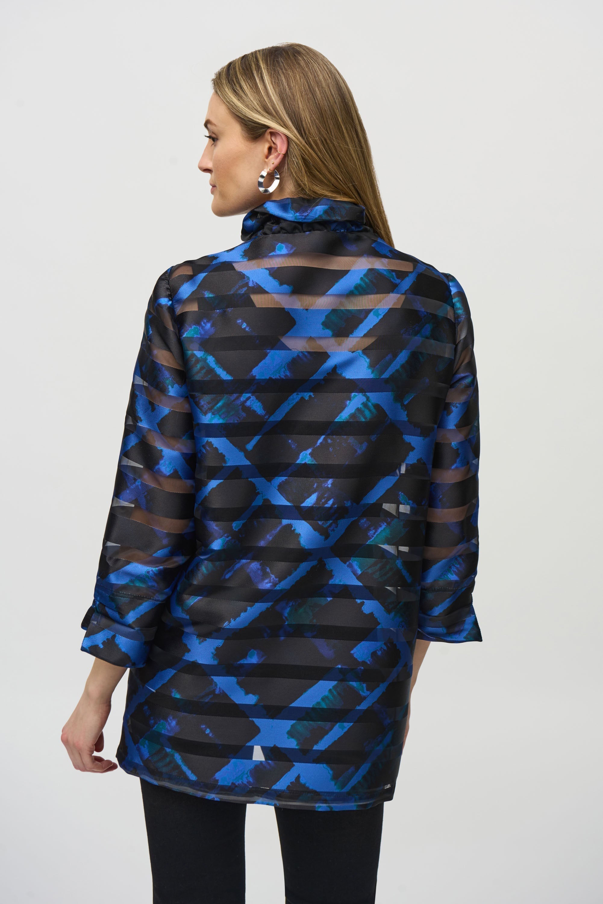 Back View Joseph Ribkoff (244198) Three Quarter Sleeve Satin and Organza Plaid Jacket in Blue and Black 