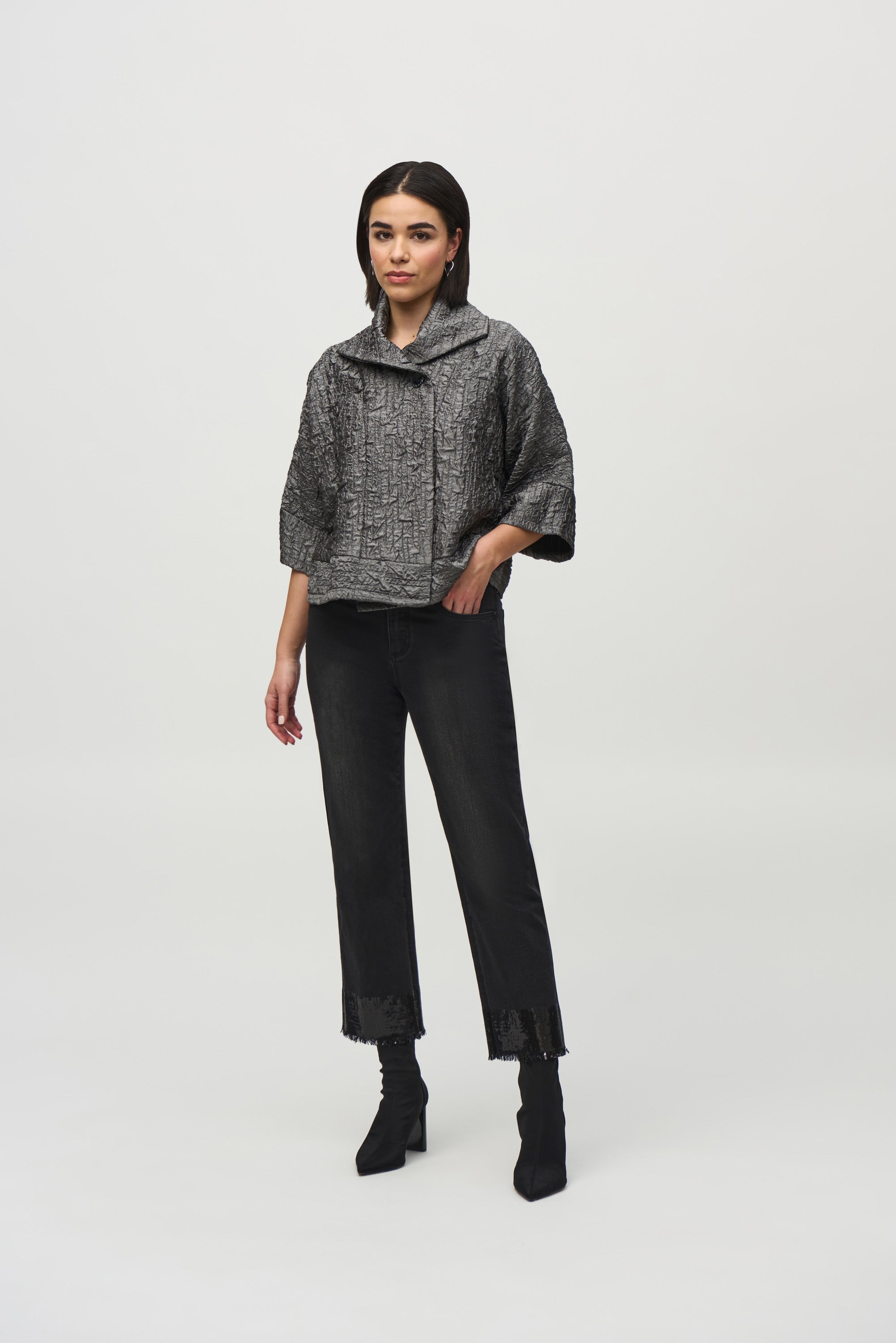 Joseph Ribkoff (244204) 3/4 Sleeve Textured Woven Jacquard Boxy Jacket in Pewter Grey