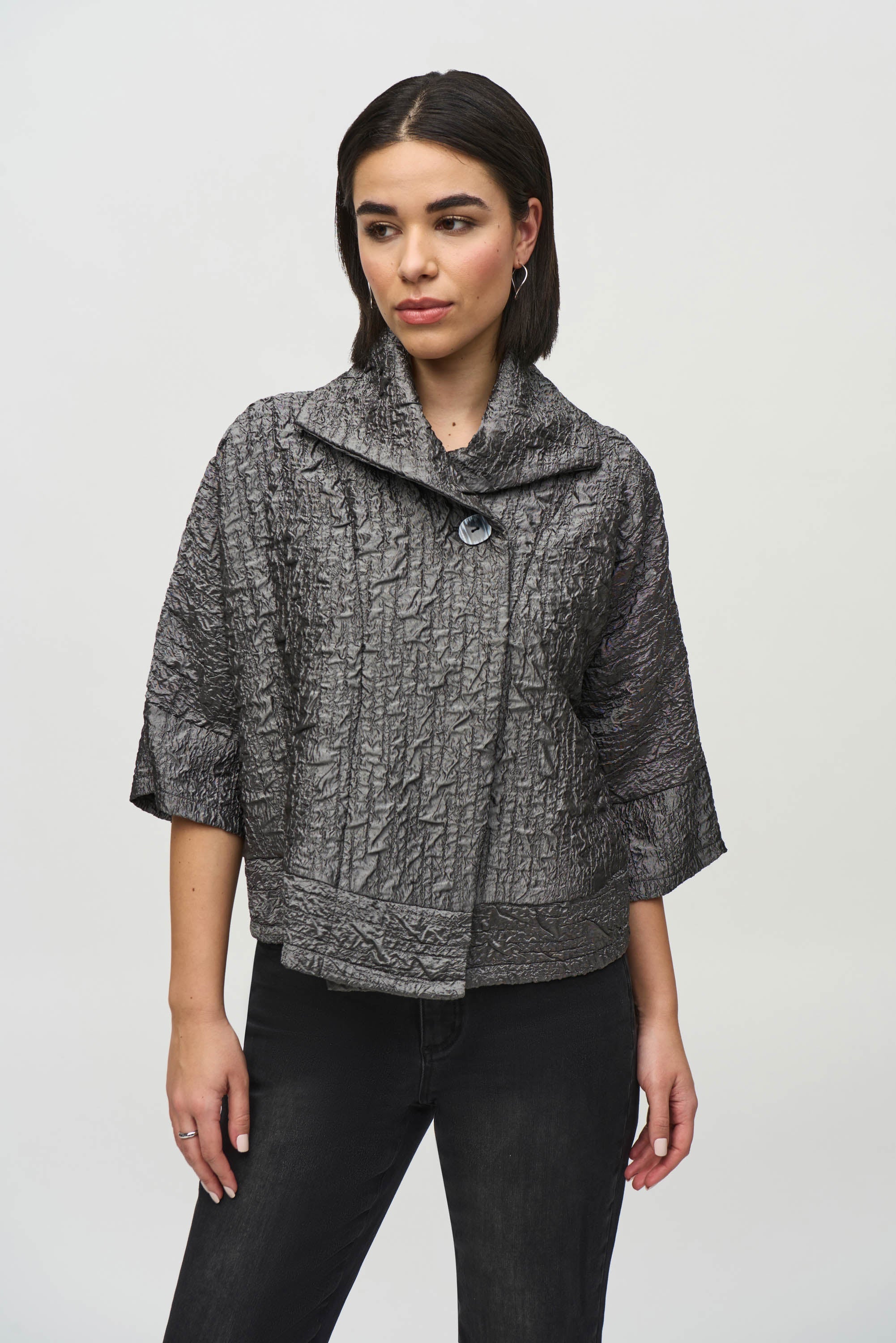 Joseph Ribkoff (244204) 3/4 Sleeve Textured Woven Jacquard Boxy Jacket in Pewter Grey