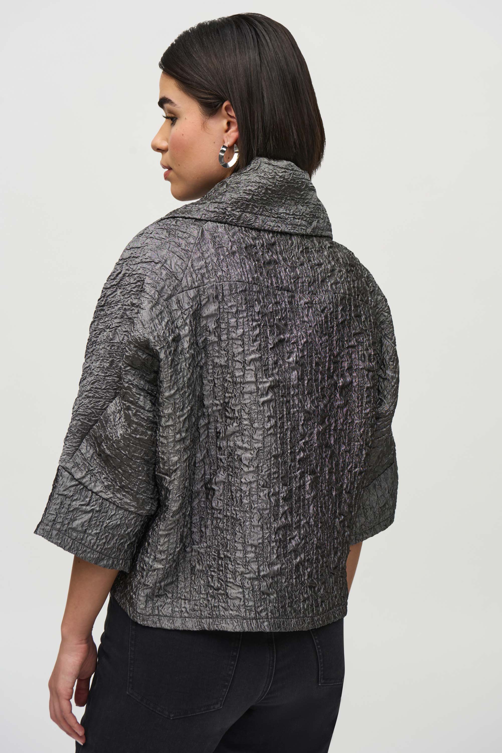 Back View Joseph Ribkoff (244204) 3/4 Sleeve Textured Woven Jacquard Boxy Jacket in Pewter Grey