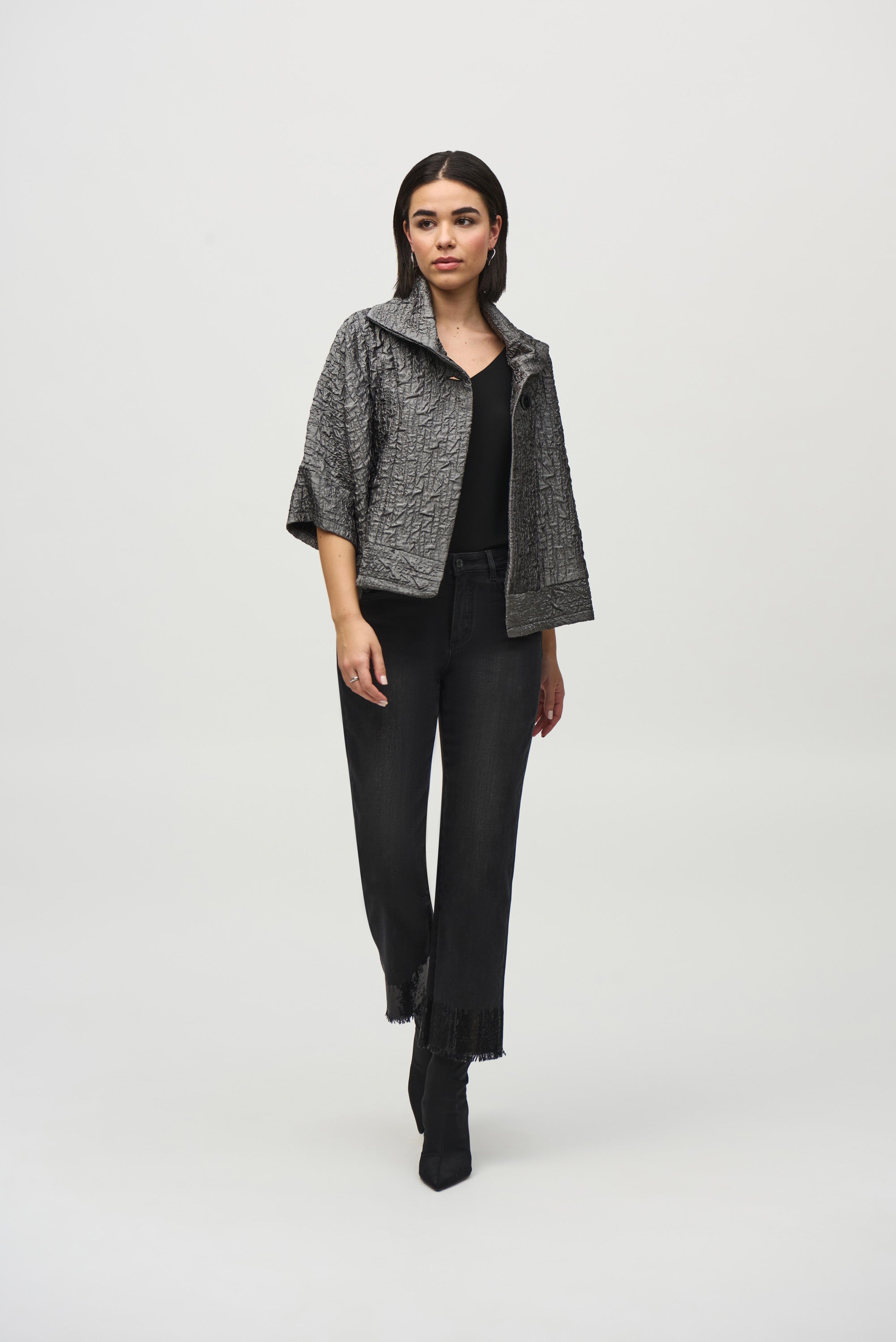 Joseph Ribkoff (244204) 3/4 Sleeve Textured Woven Jacquard Boxy Jacket in Pewter Grey