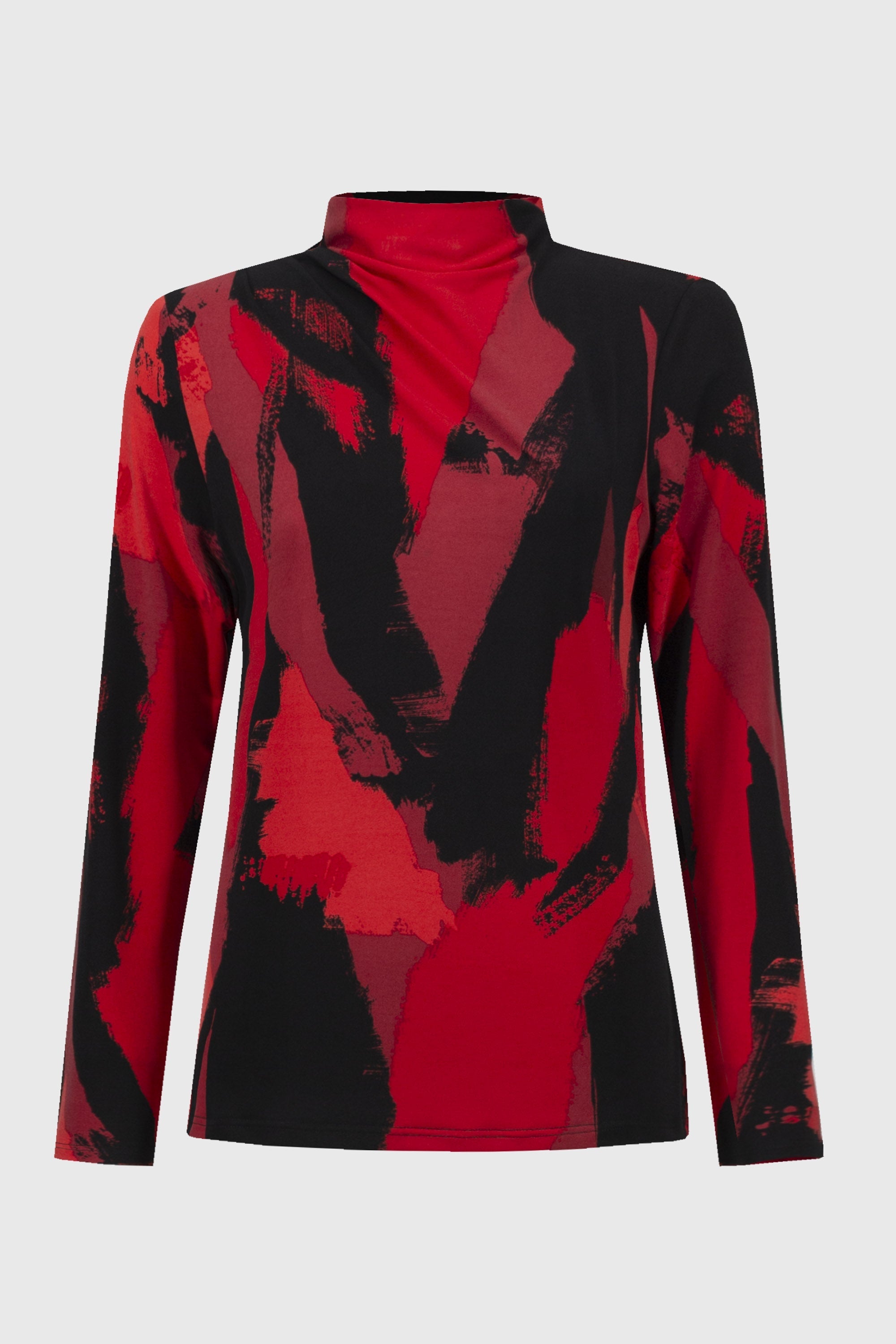 Off Figure Joseph Ribkoff (244233)  Long Sleeve Silky Knit Abstract Print Mock Neck Top in Red and Black