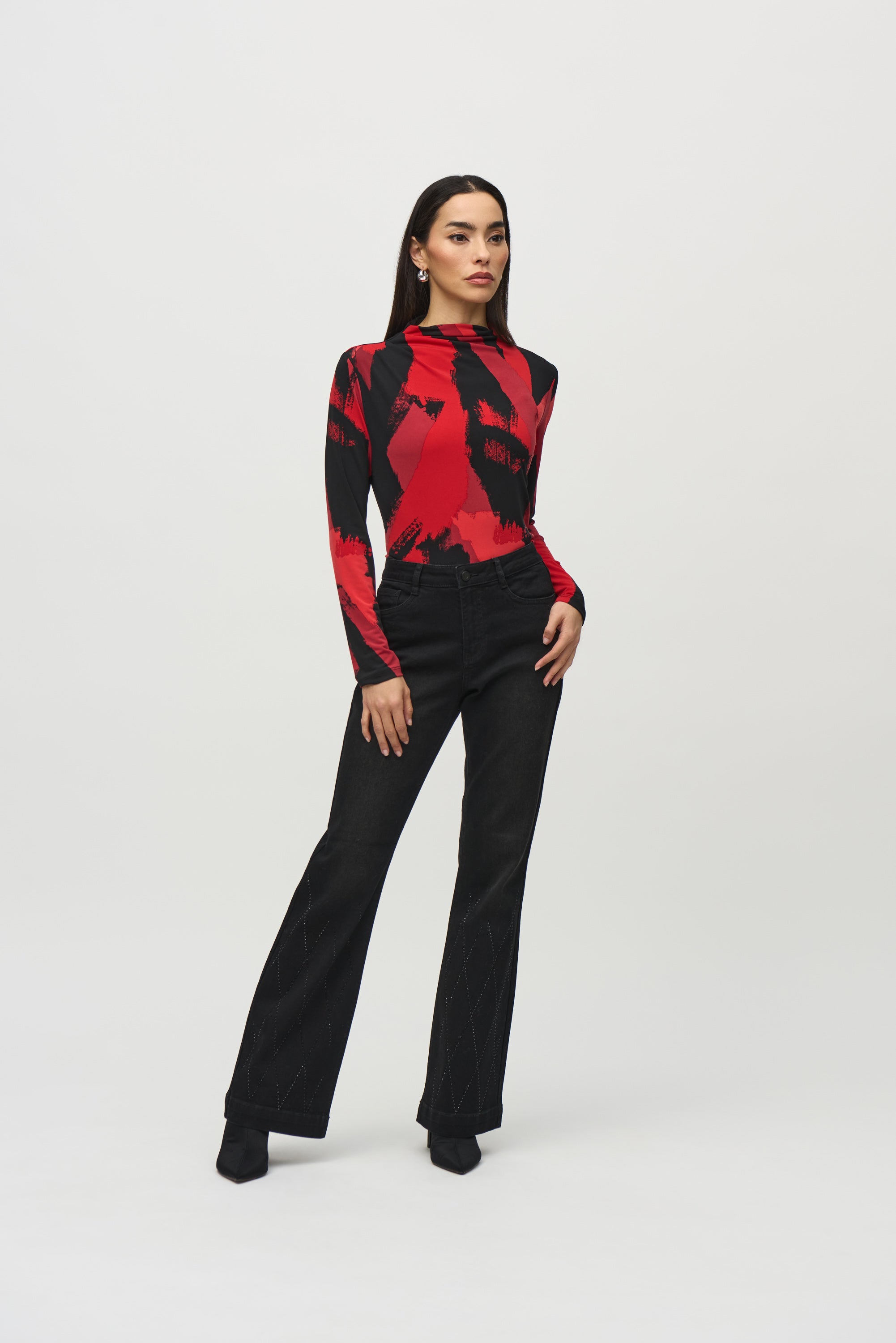 Joseph Ribkoff (244233)  Long Sleeve Silky Knit Abstract Print Mock Neck Top in Red and Black