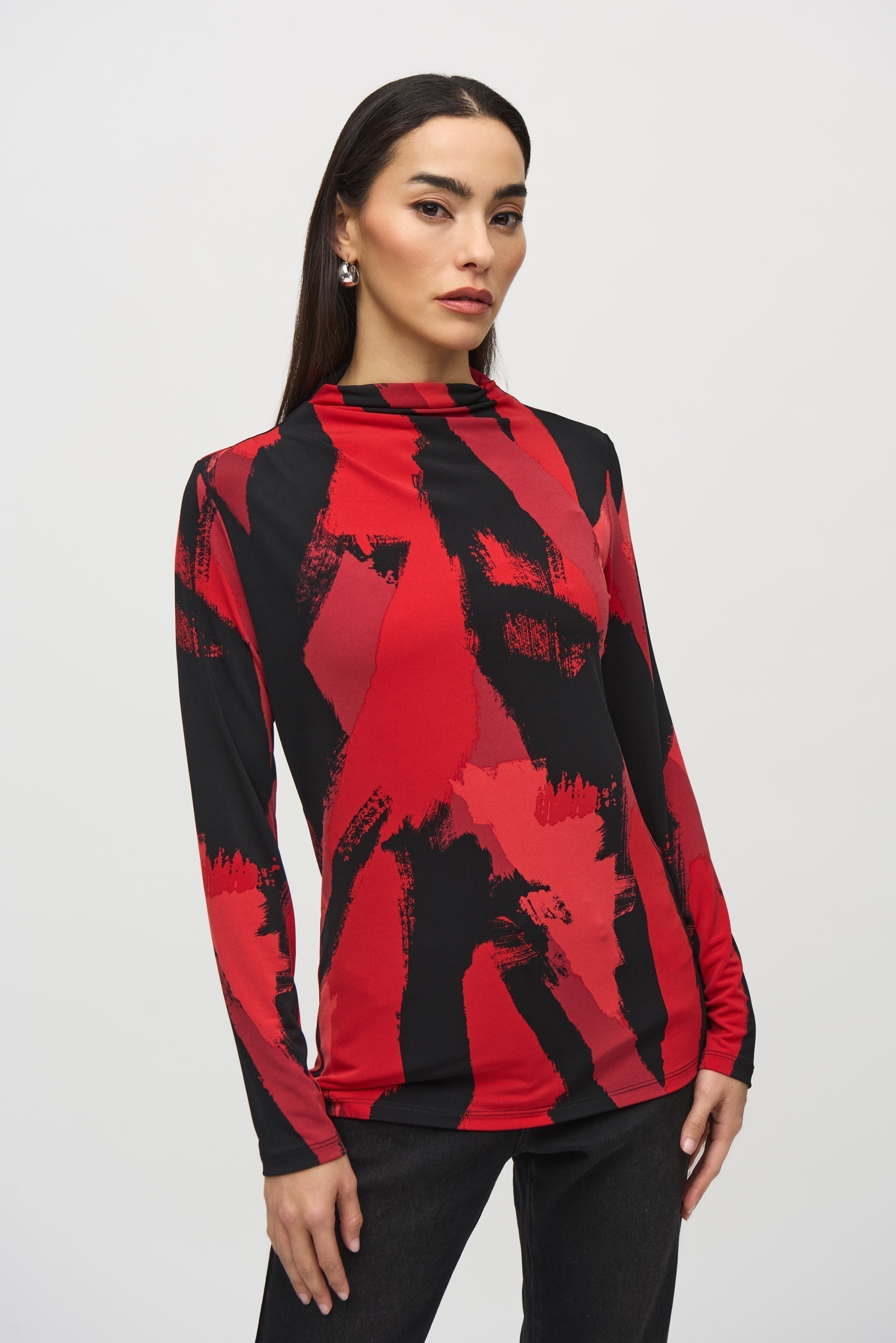 Joseph Ribkoff (244233)  Long Sleeve Silky Knit Abstract Print Mock Neck Top in Red and Black