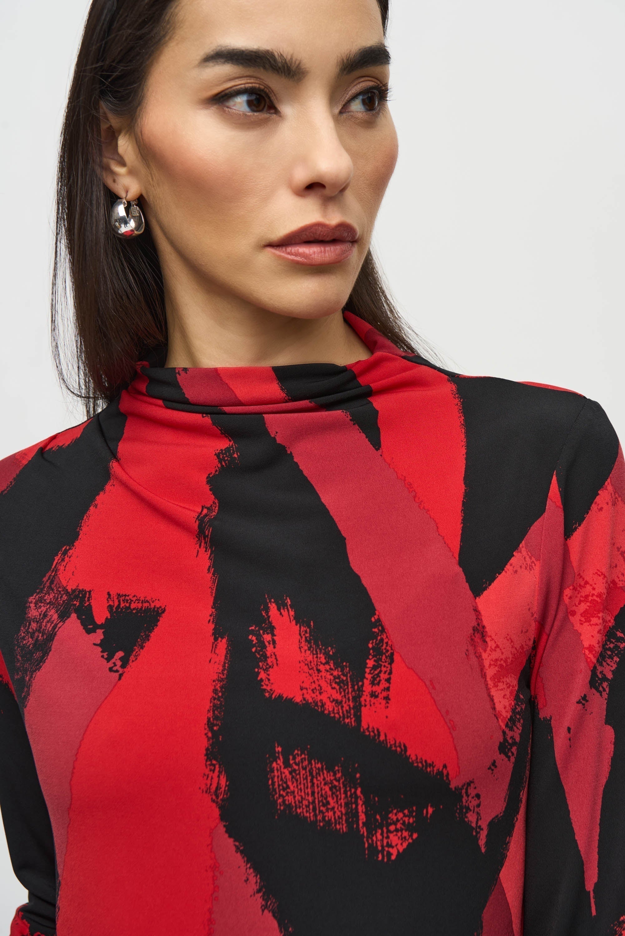 Joseph Ribkoff (244233)  Long Sleeve Silky Knit Abstract Print Mock Neck Top in Red and Black