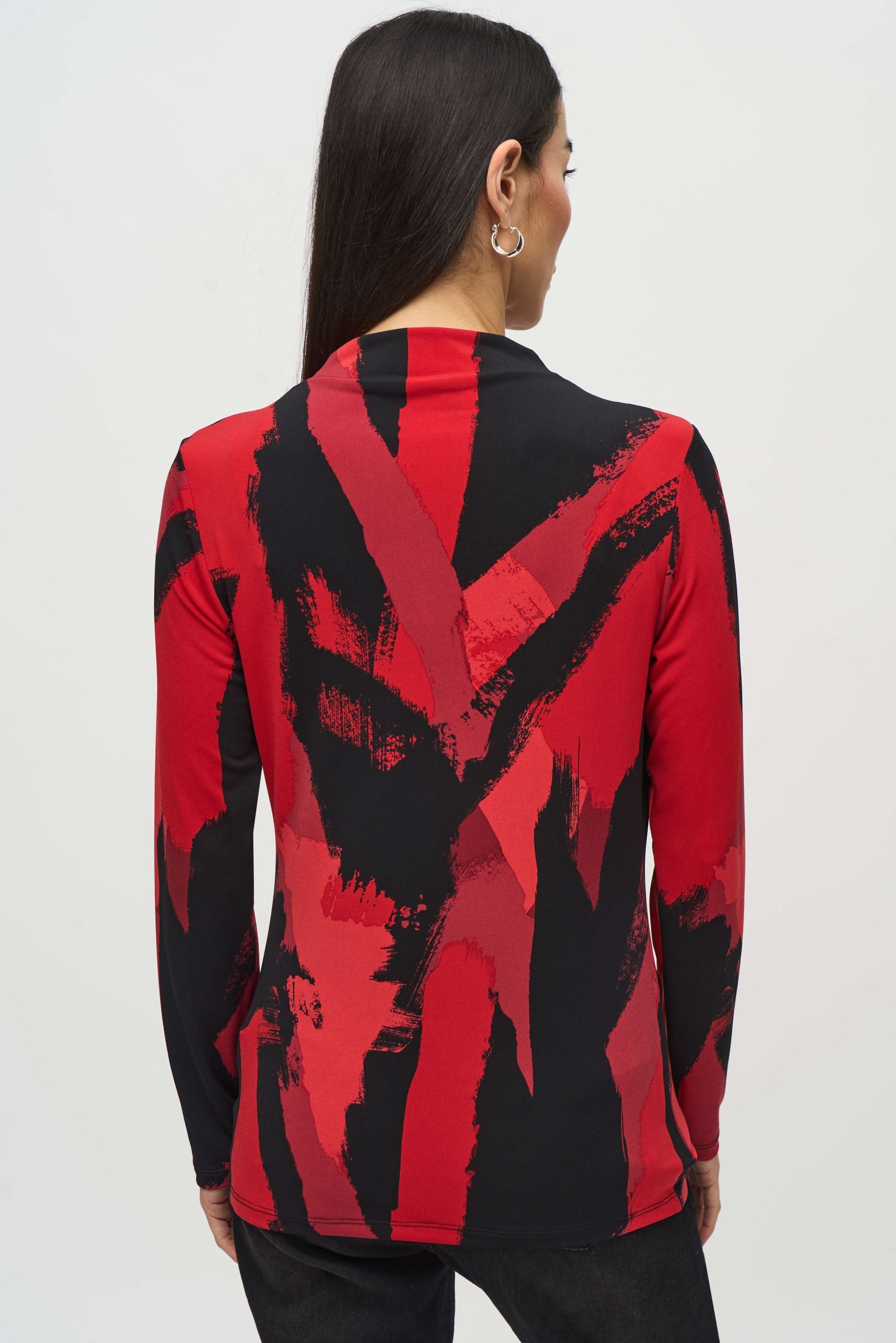 Back View Joseph Ribkoff (244233)  Long Sleeve Silky Knit Abstract Print Mock Neck Top in Red and Black