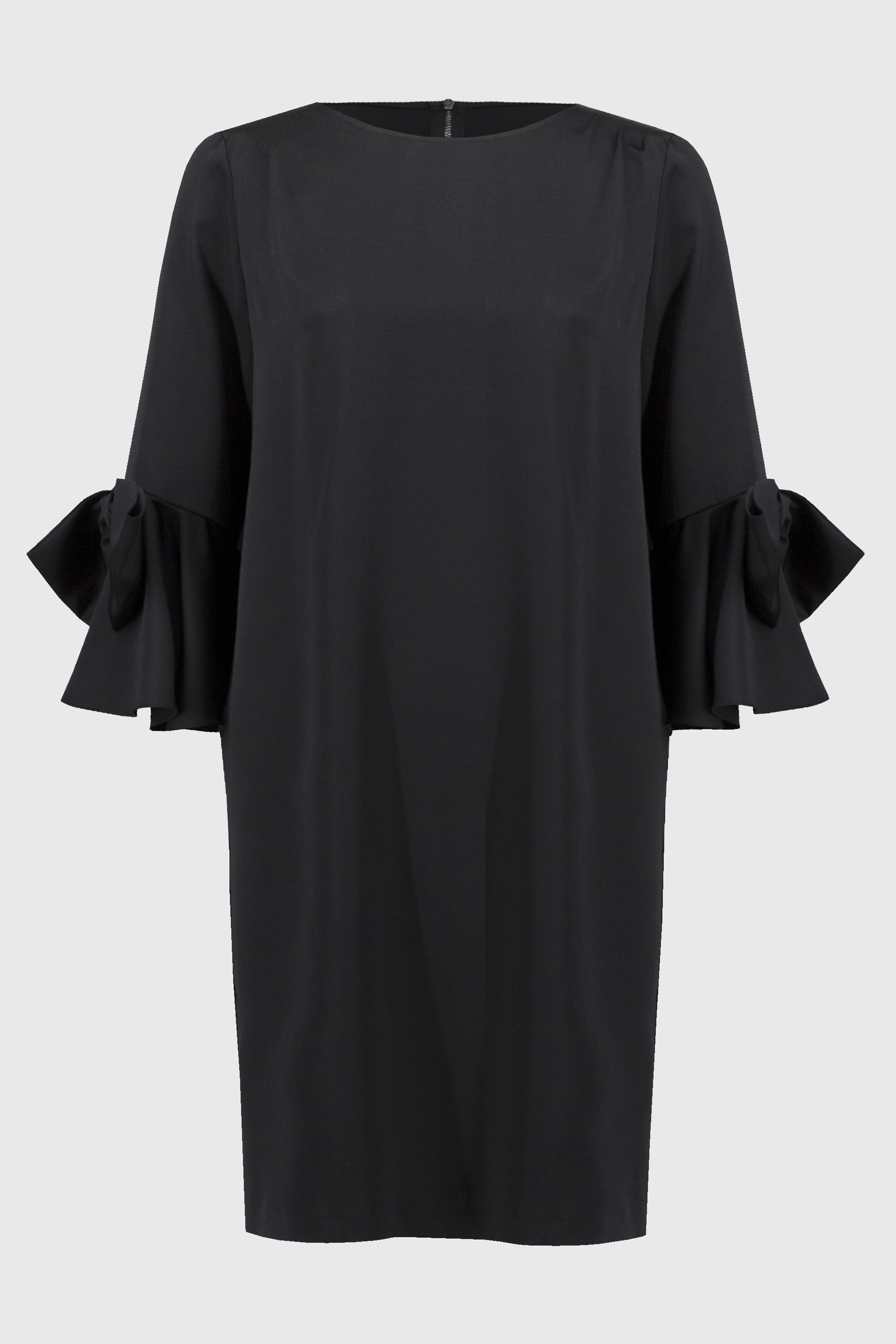 Off-Figure Joseph Ribkoff (244235) Satin 3/4 Ruffle Sleeve Straight Dress with Bow detail in Black