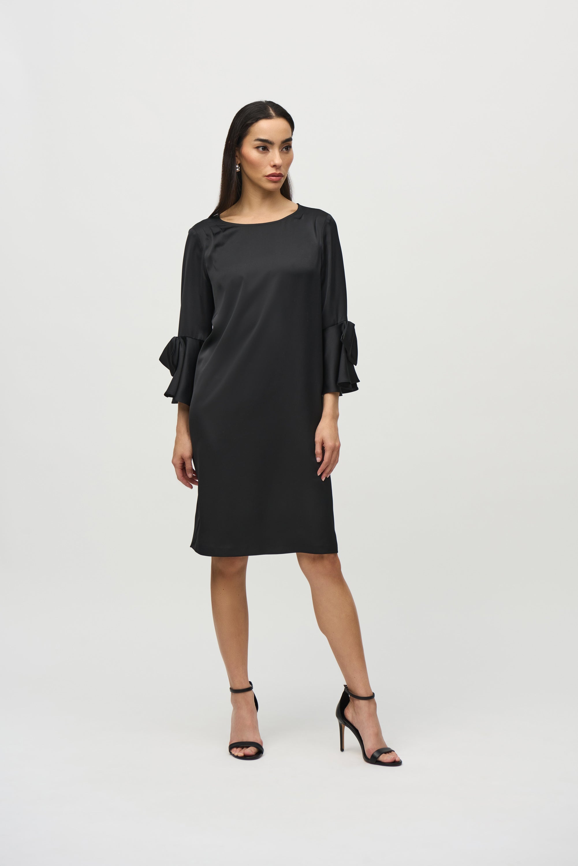 Joseph Ribkoff (244235) Satin 3/4 Ruffle Sleeve Straight Dress with Bow detail in Black