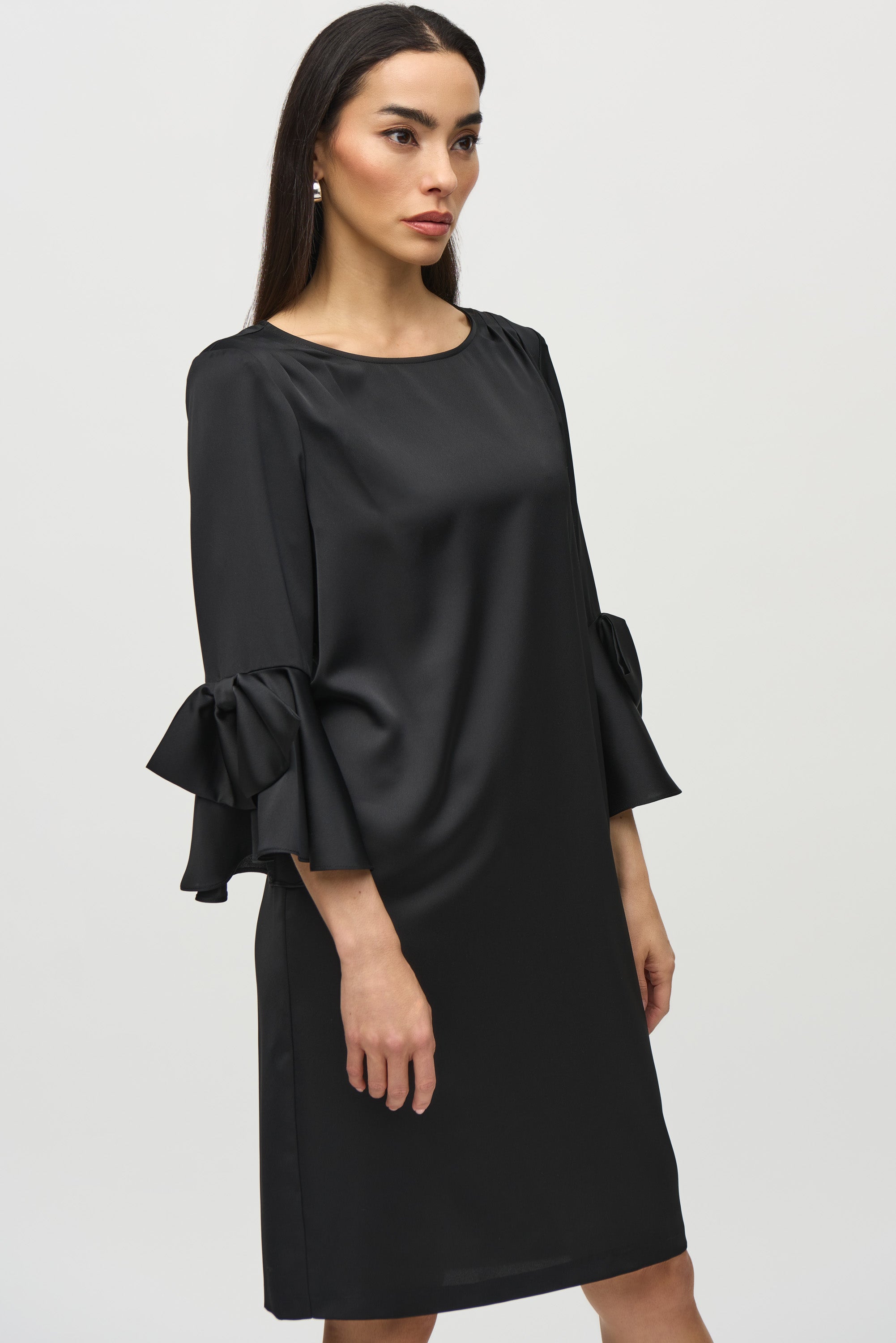 Joseph Ribkoff (244235) Satin 3/4 Ruffle Sleeve Straight Dress with Bow detail in Black