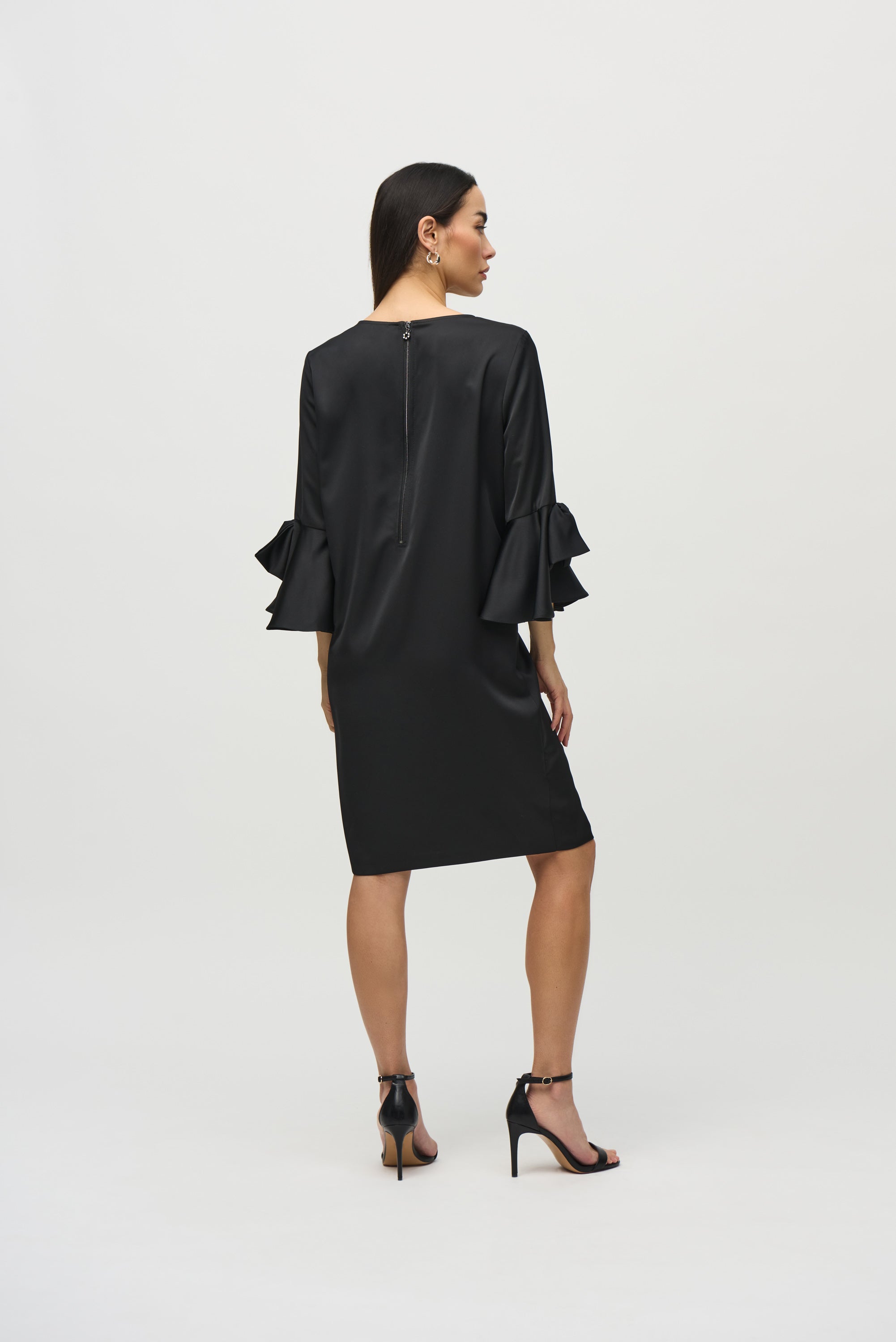 Back View Joseph Ribkoff (244235) Satin 3/4 Ruffle Sleeve Straight Dress with Bow detail in Black