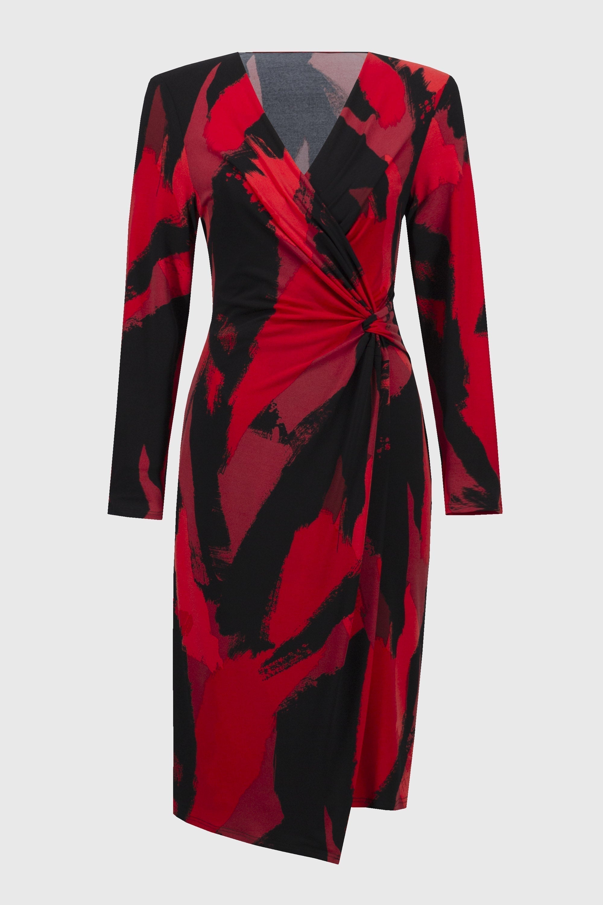 Off-Figure Joseph Ribkoff (244238) Long Puff Sleeve Silky Knit Abstract Print Wrap Dress in Red and Black