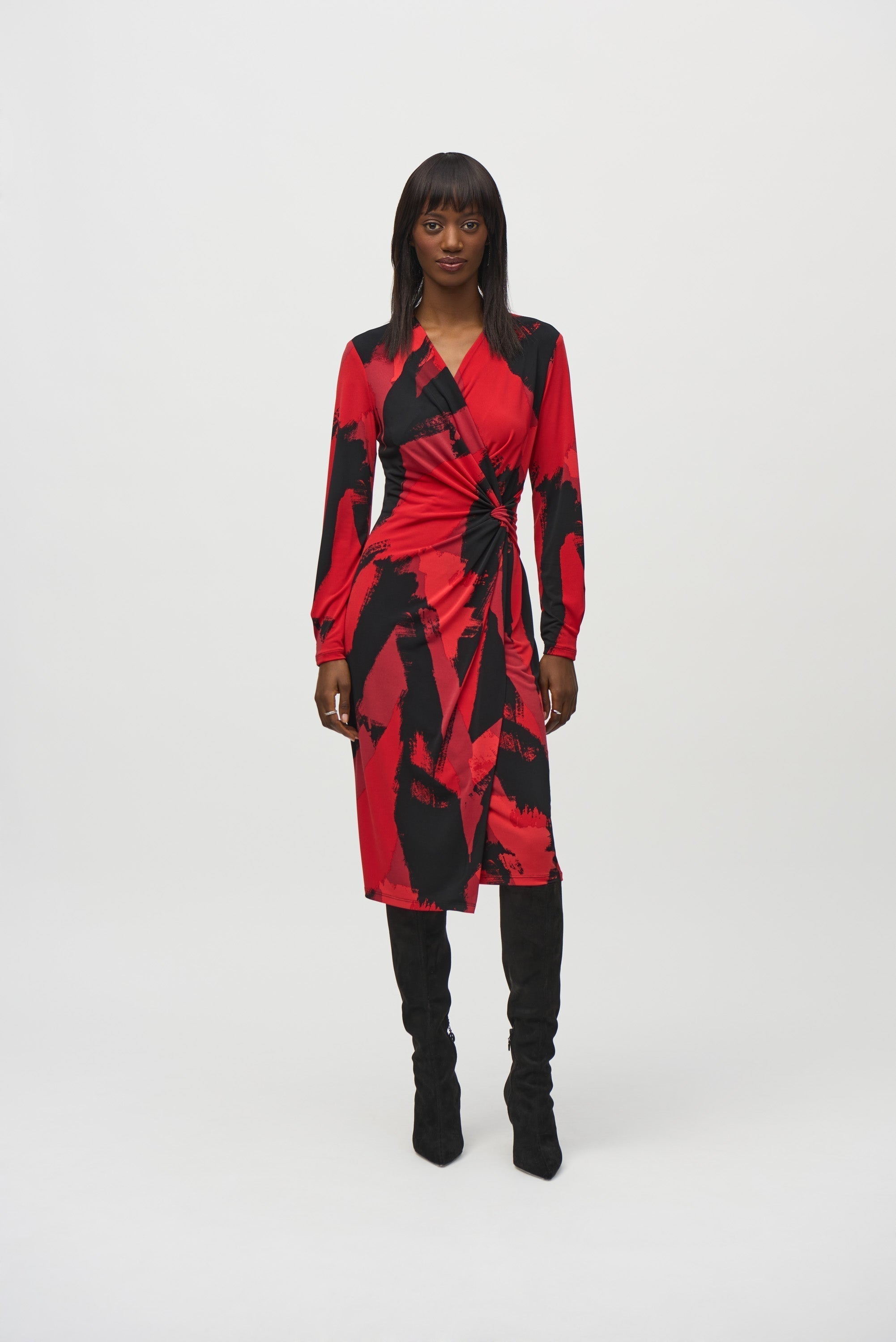 Joseph Ribkoff (244238) Long Puff Sleeve Silky Knit Abstract Print Wrap Dress in Red and Black