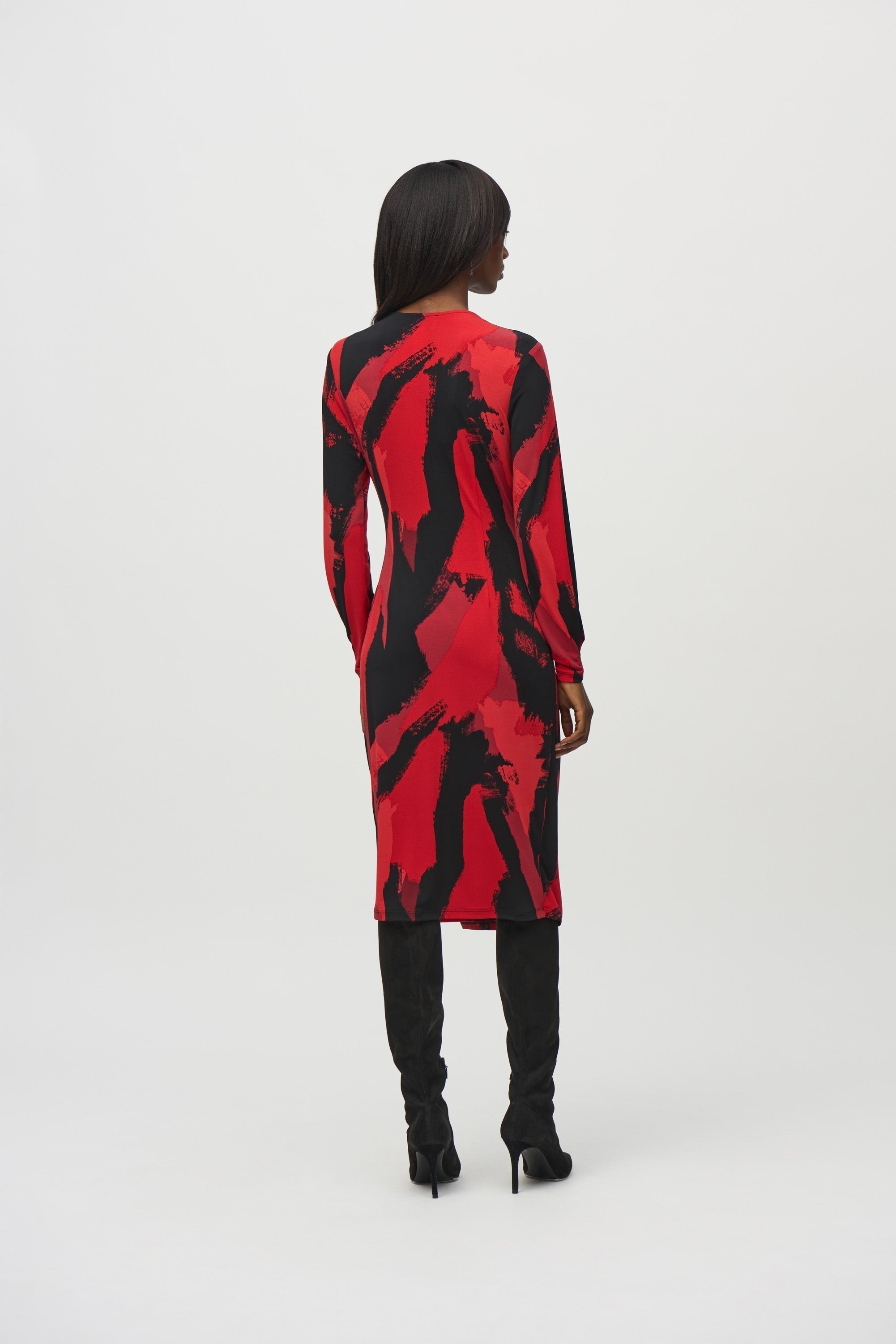 Back View Joseph Ribkoff (244238) Long Puff Sleeve Silky Knit Abstract Print Wrap Dress in Red and Black