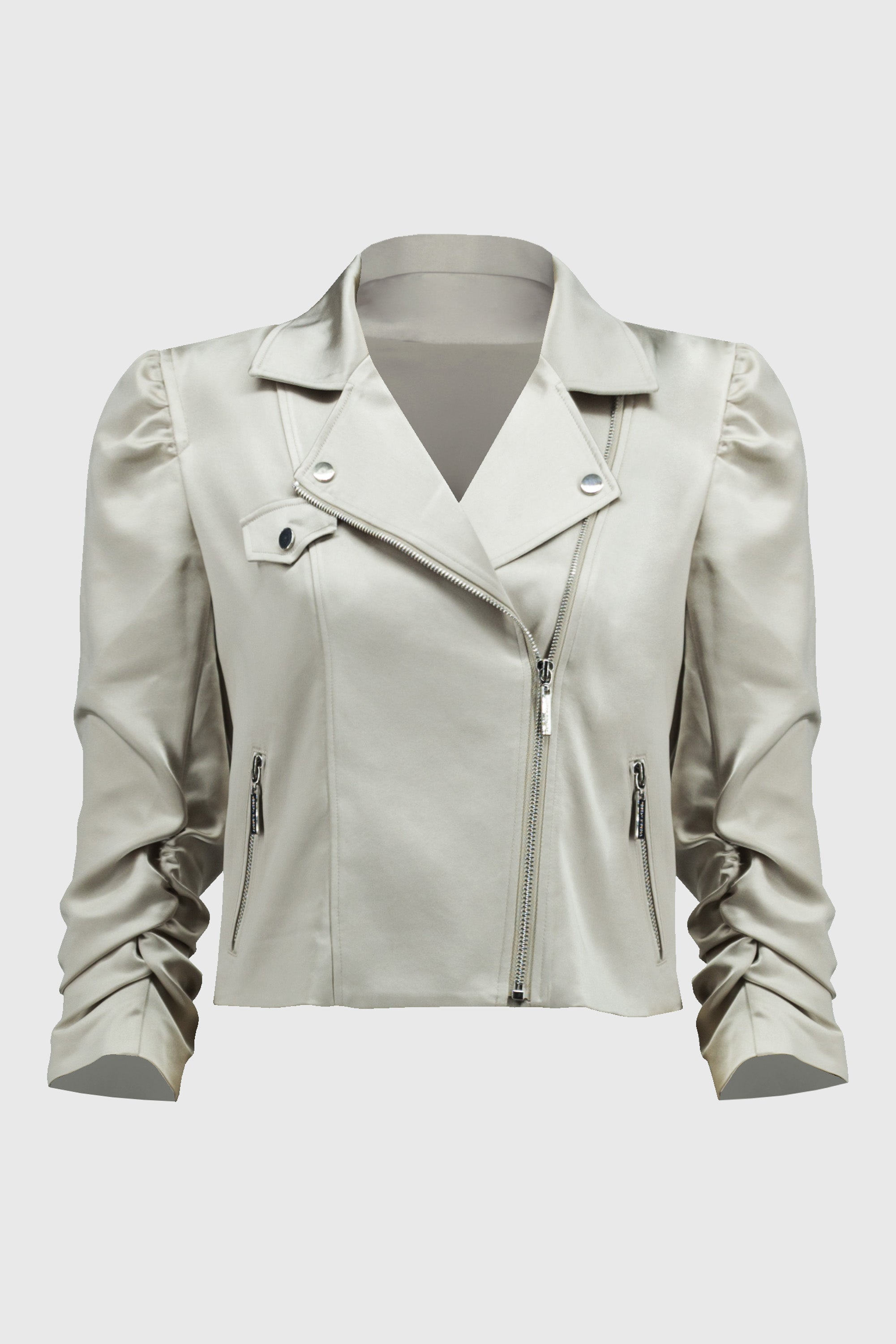 Off Figure Joseph Ribkoff (24490) Long Sleeve with Shirring Satin Moto Jacket With Zippers in Moonstone