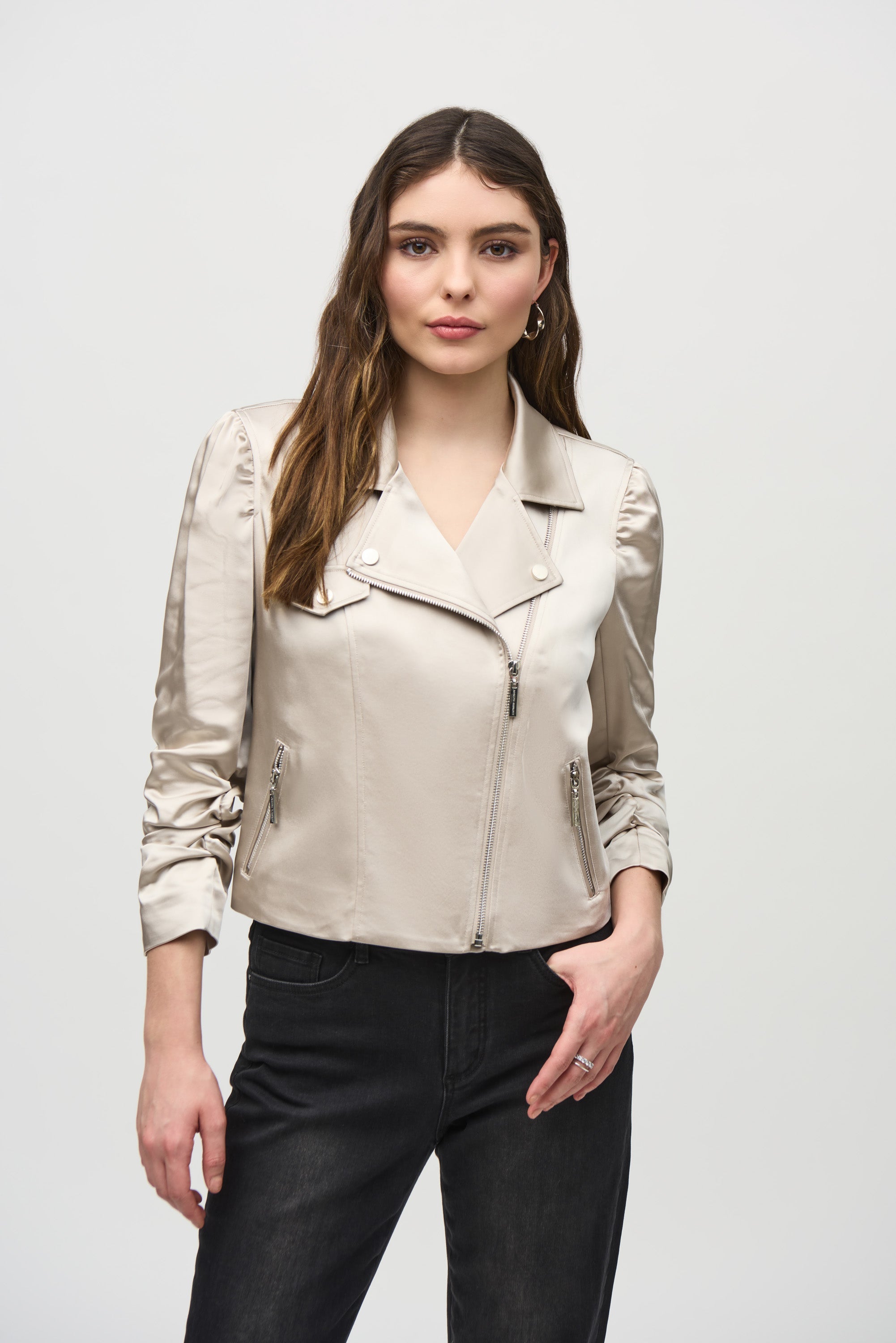 Joseph Ribkoff (24490) Long Sleeve with Shirring Satin Moto Jacket With Zippers in Moonstone