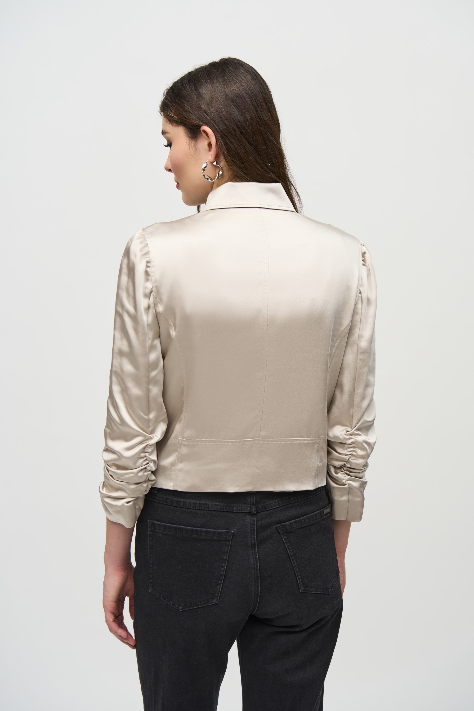 Back View Joseph Ribkoff (24490) Long Sleeve with Shirring Satin Moto Jacket With Zippers in Moonstone