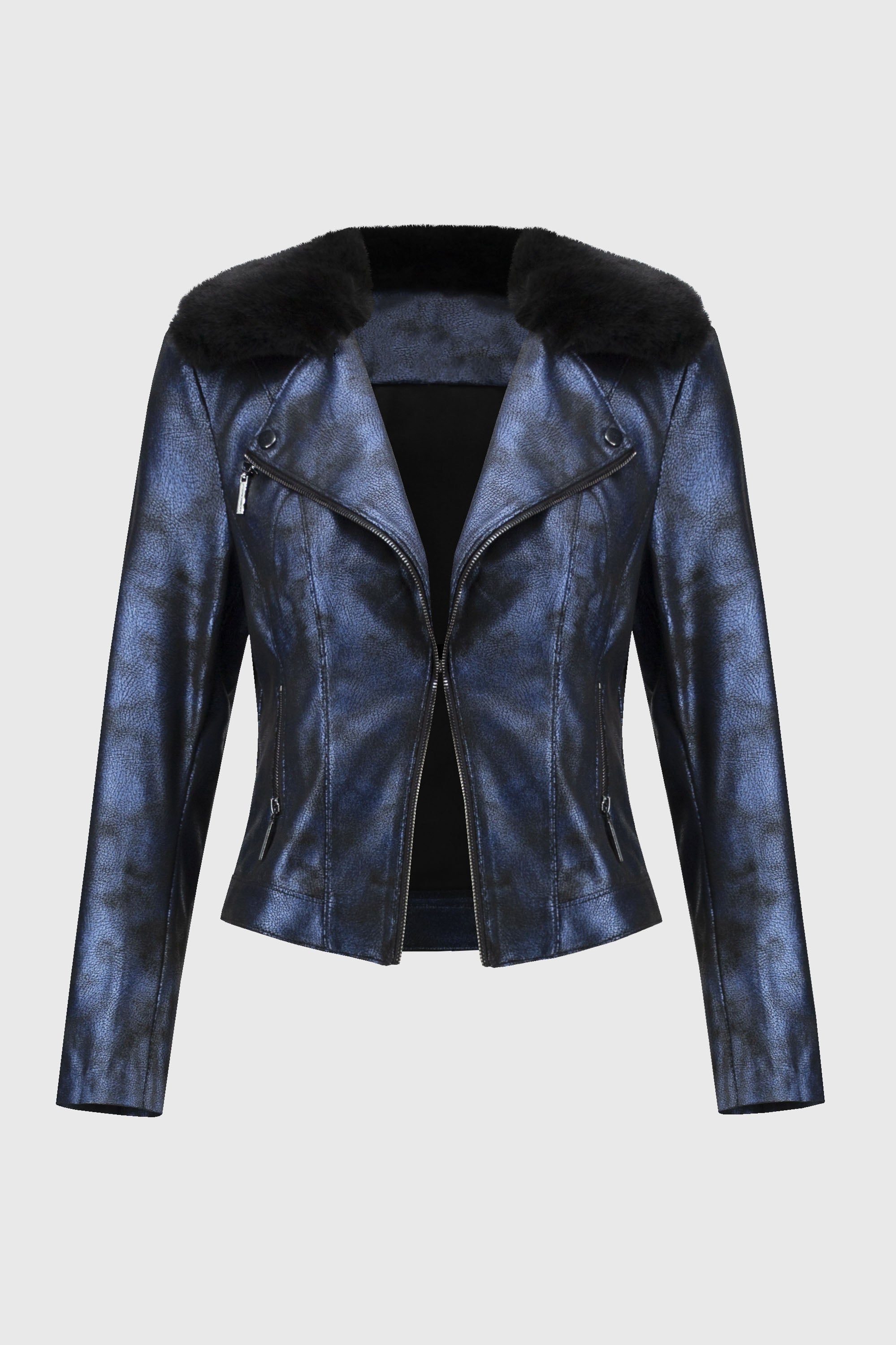 Off-Figure Joseph Ribkoff (244918) Long Sleeve Foiled Suede Jacket with Removable Faux-Fur Collar in Blue and Black