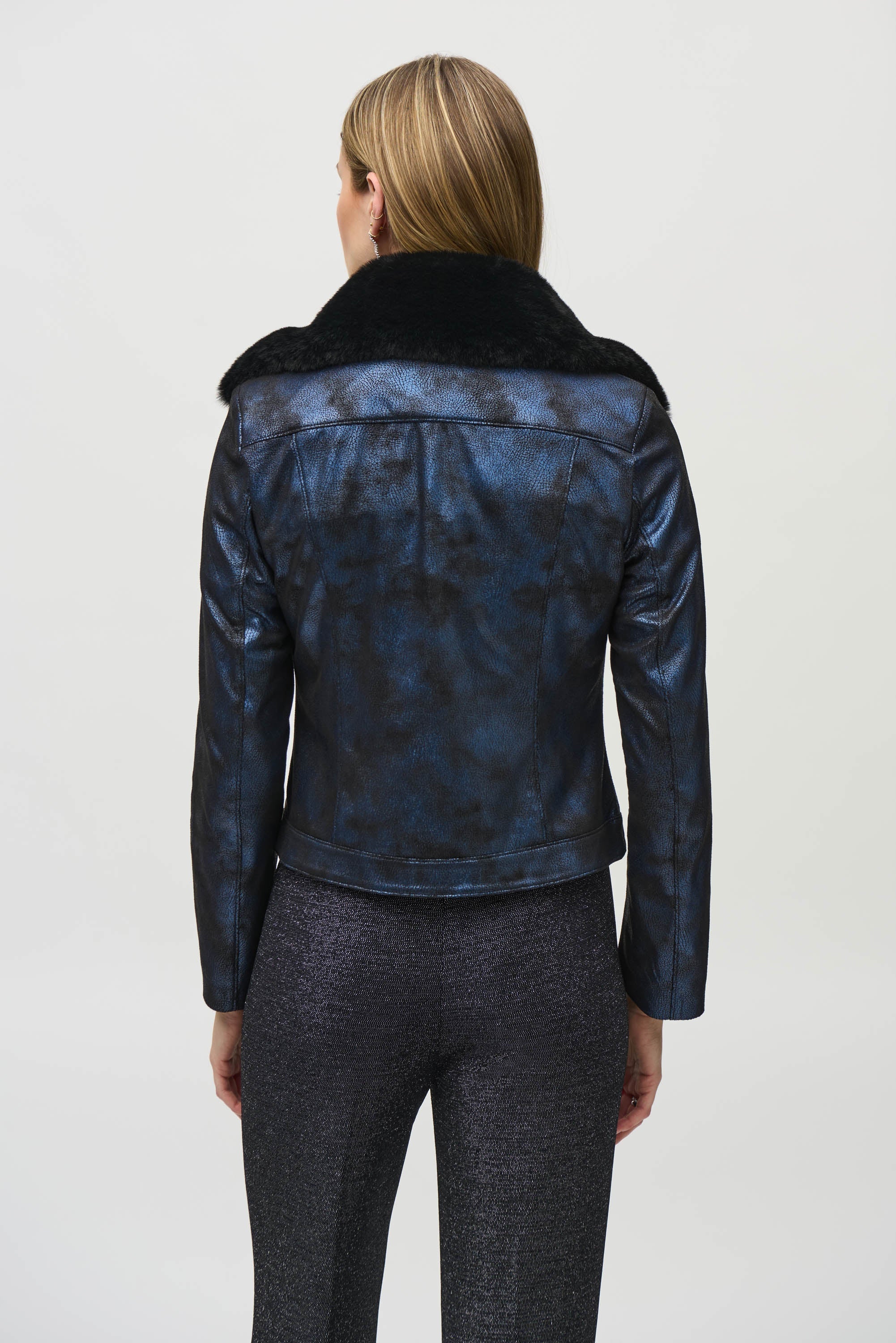 Back View Joseph Ribkoff (244918) Long Sleeve Foiled Suede Jacket with Removable Faux-Fur Collar in Blue and Black