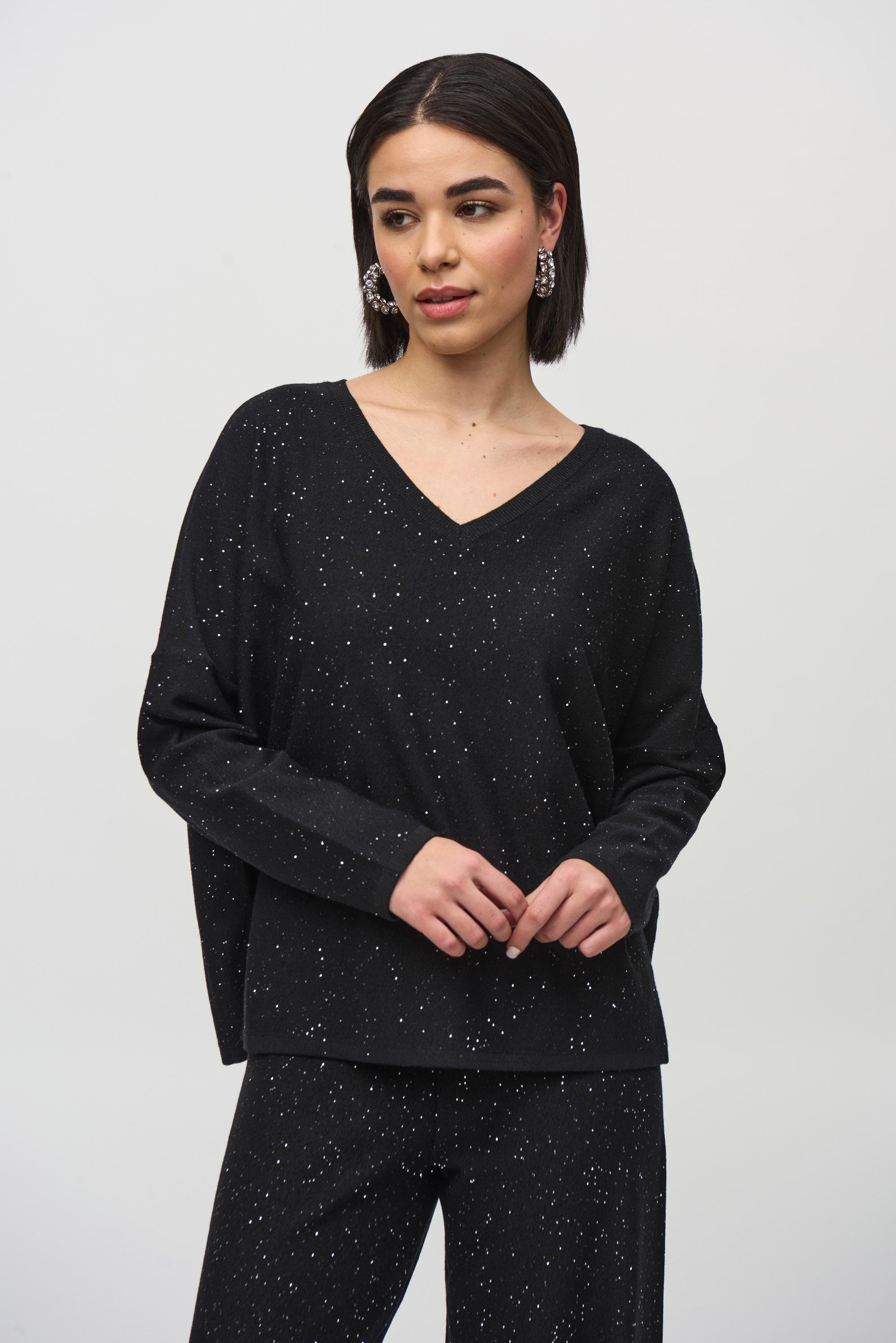 Joseph Ribkoff (244921) Long Sleeve Sequined Sweater Knit Boxy Top in Black