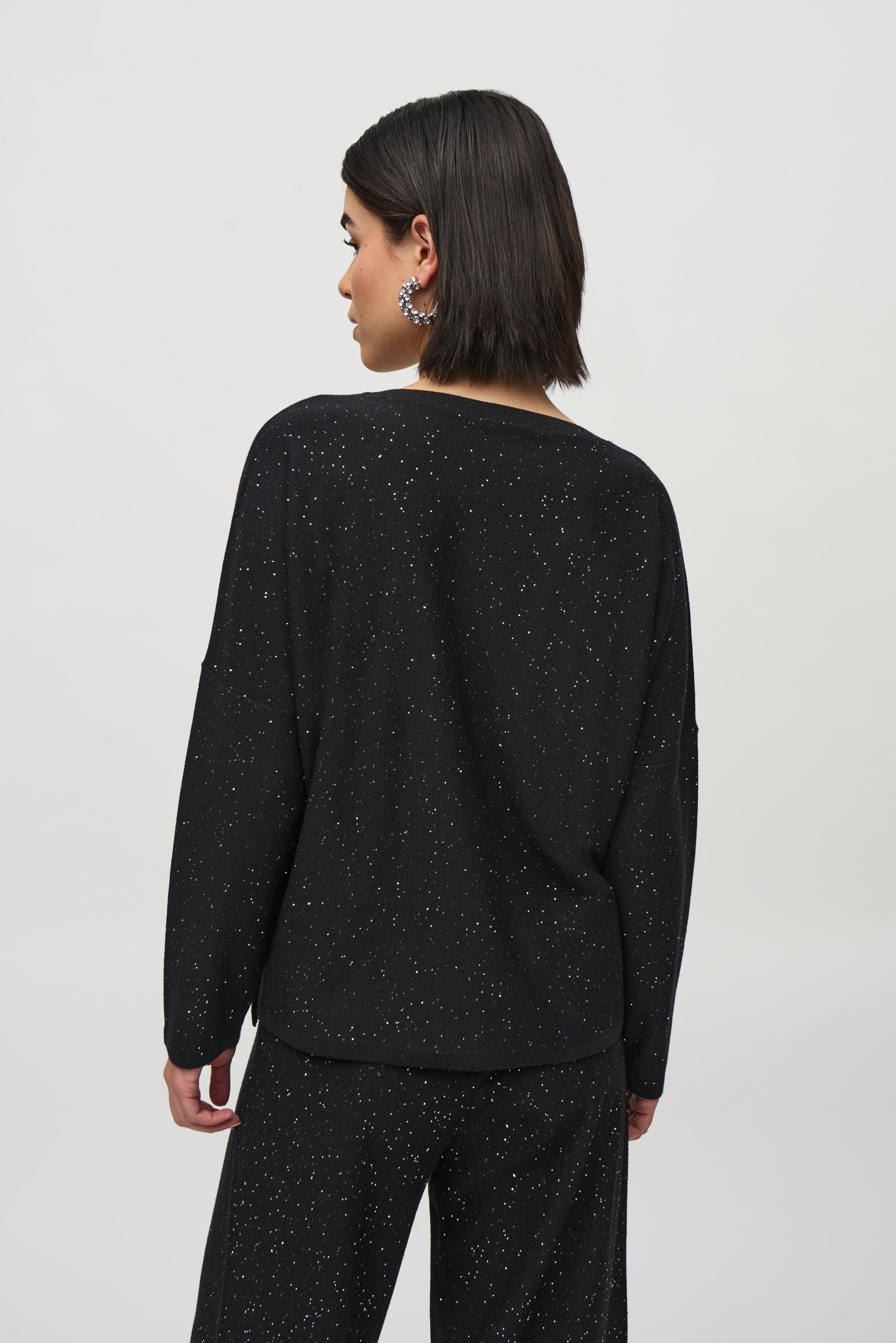 Back View Joseph Ribkoff (244921) Long Sleeve Sequined Sweater Knit Boxy Top in Black