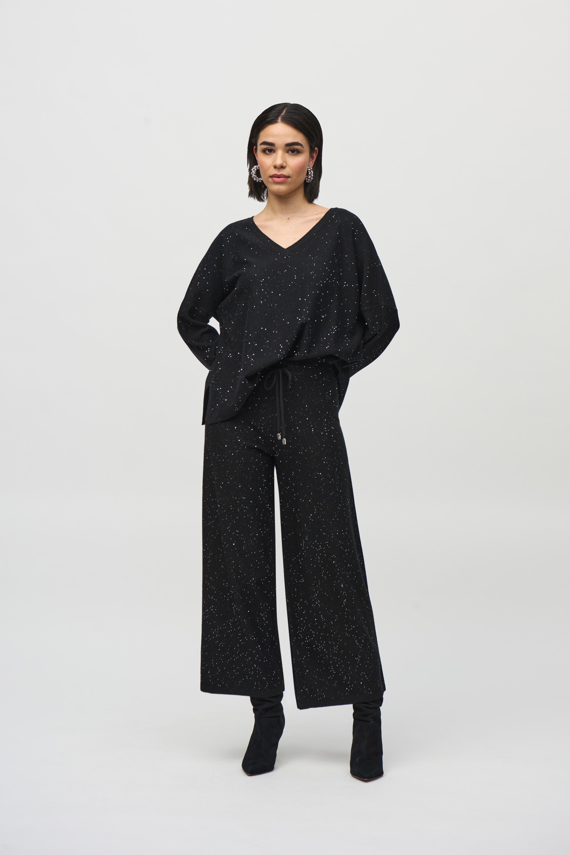 Joseph Ribkoff (244922) Wide Leg Sequined Sweater Knit Culotte Pants in Black