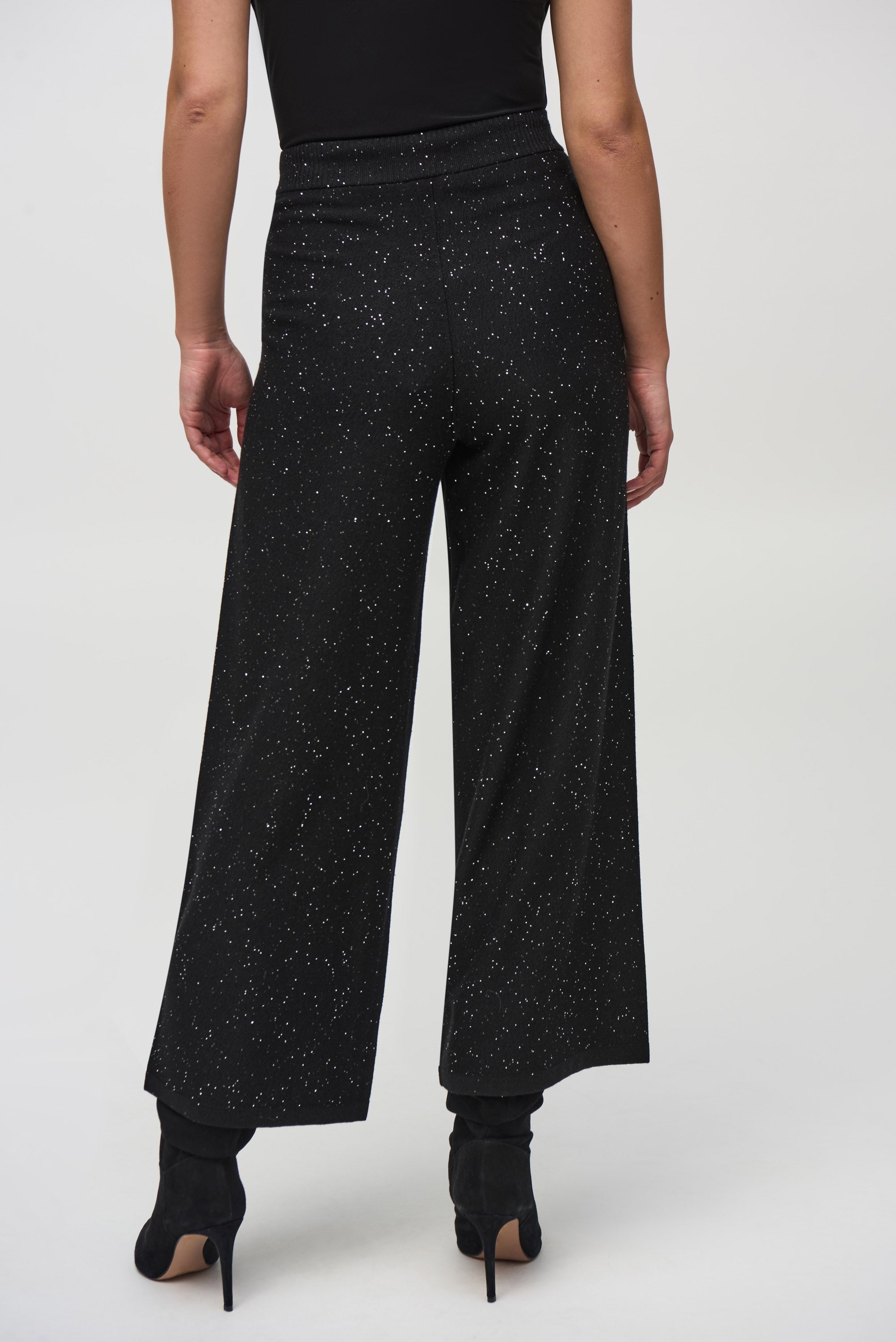 Back View Joseph Ribkoff (244922) Wide Leg Sequined Sweater Knit Culotte Pants in Black