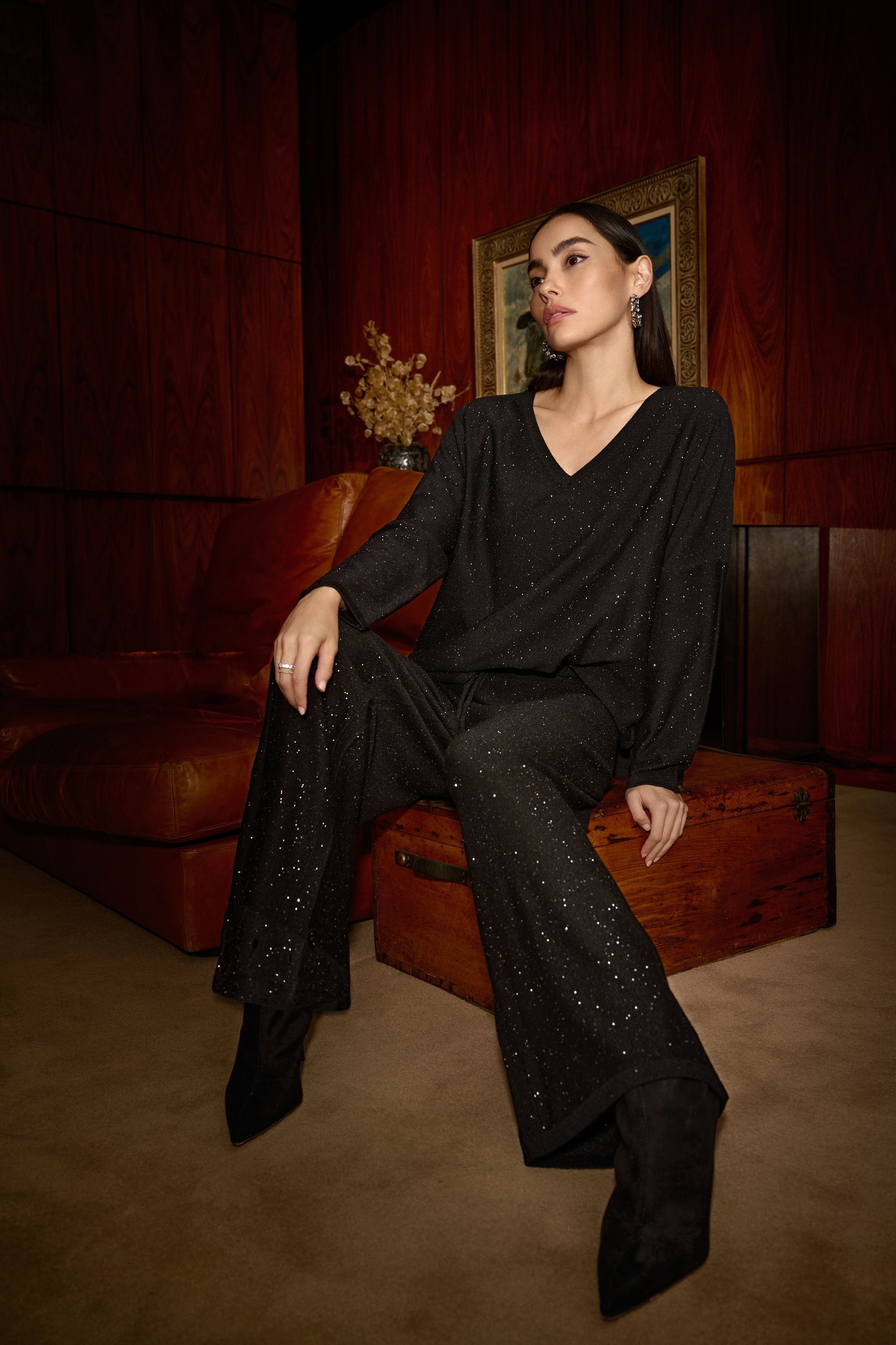 Joseph Ribkoff (244922) Wide Leg Sequined Sweater Knit Culotte Pants in Black