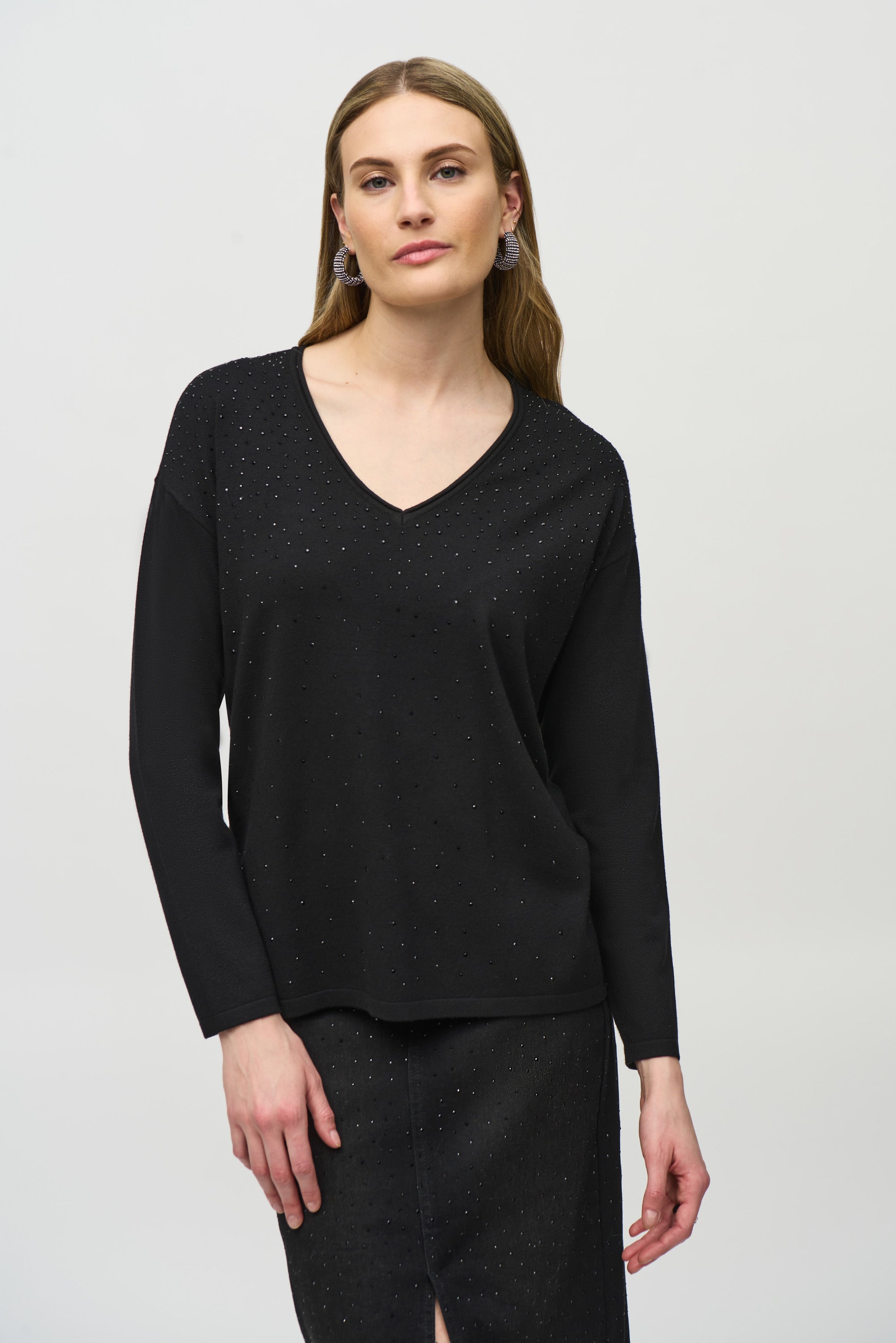 Joseph Ribkoff (244923) Long Sleeve Sweater Knit V-Neck Pullover in Black