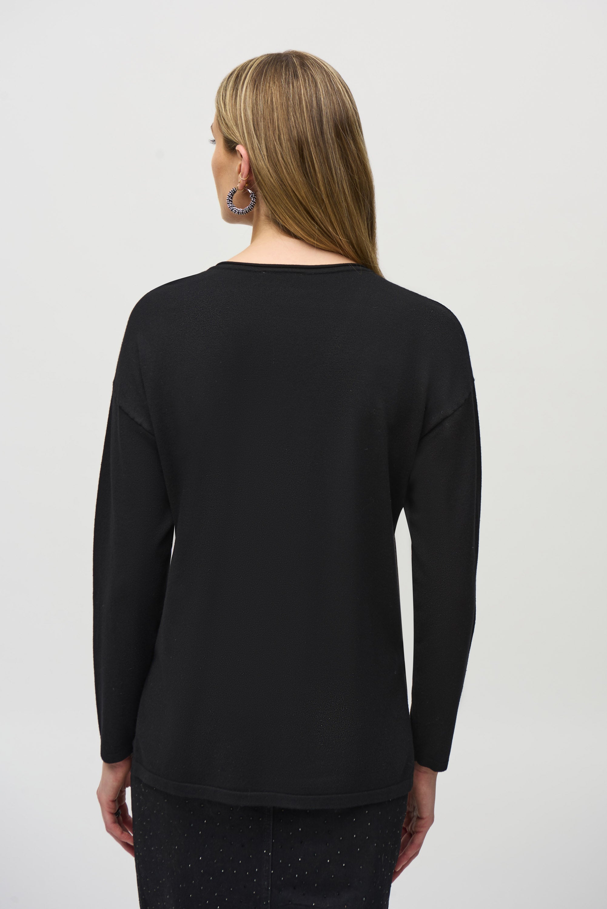 Back View Joseph Ribkoff (244923) Long Sleeve Sweater Knit V-Neck Pullover in Black