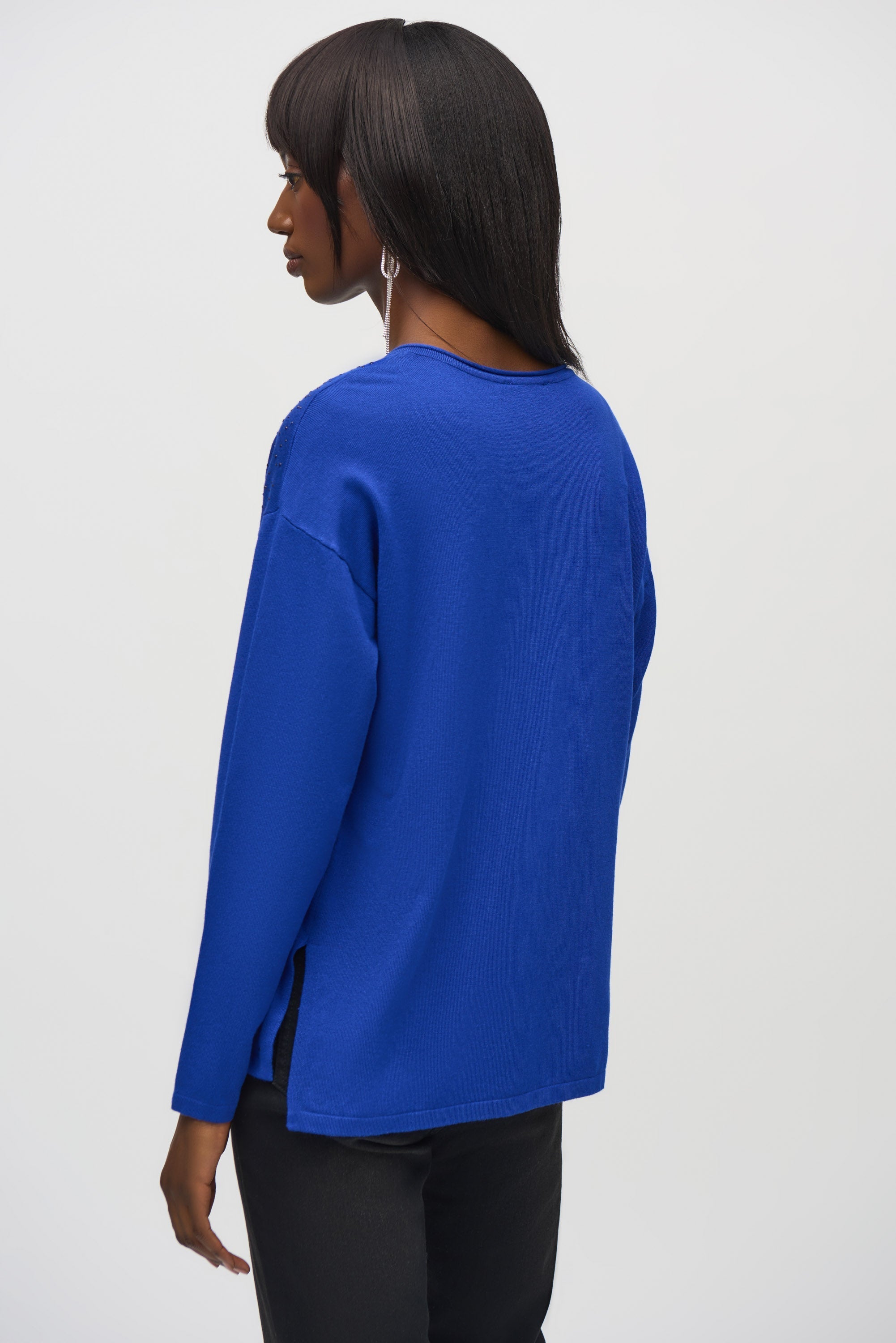 Back View Joseph Ribkoff (244923) Long Sleeve Sweater Knit V-Neck Pullover in Blue