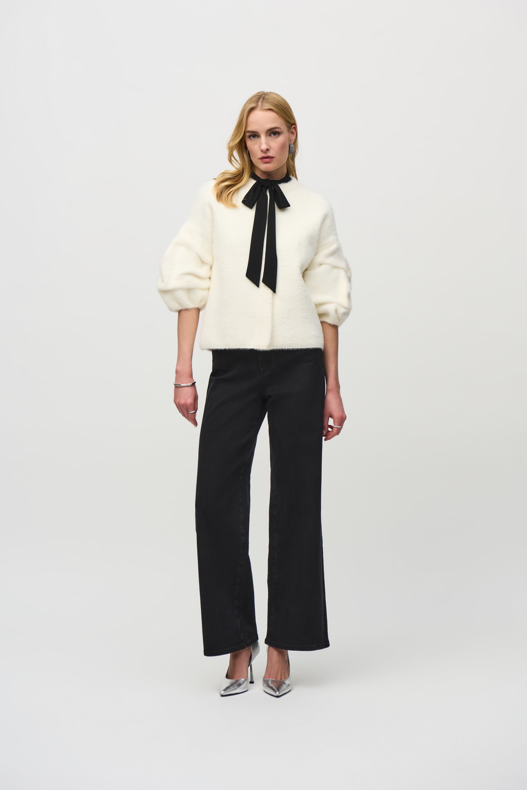 Joseph Ribkoff (244931) Sweater Knit Three-quarter Sleeve Puff Sleeve Jacket in Vanilla