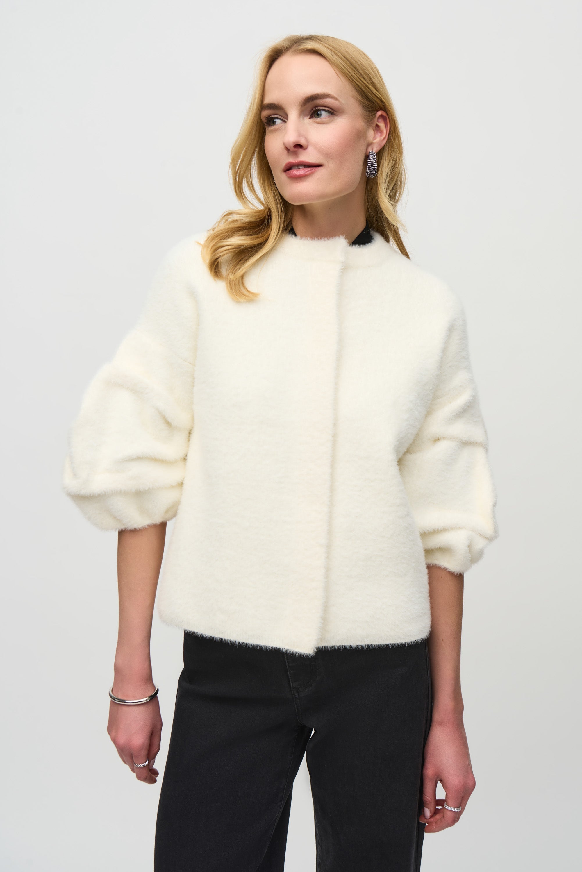 Joseph Ribkoff (244931) Sweater Knit Three-quarter Sleeve Puff Sleeve Jacket in Vanilla