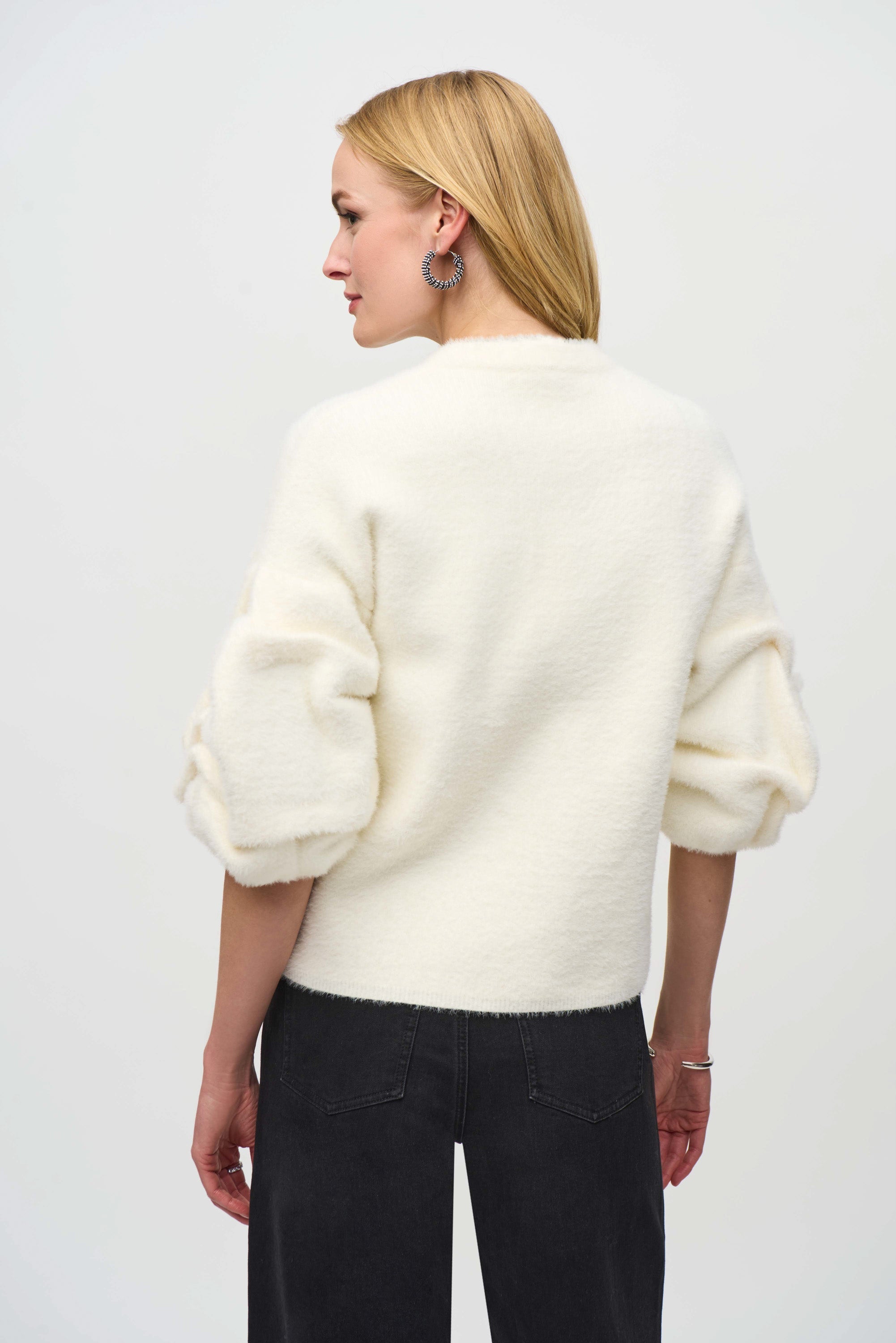 Back VIew Joseph Ribkoff (244931) Sweater Knit Three-quarter Sleeve Puff Sleeve Jacket in Vanilla