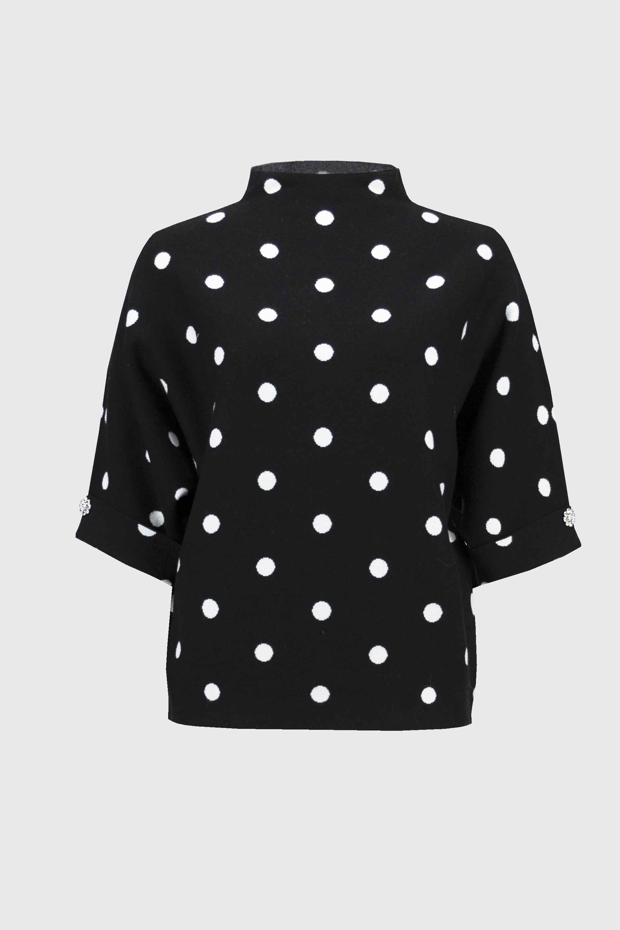 Off-Figure Joseph Ribkoff (244936) 3/4 Sleeve Jacquard Sweater Dot Print Top in Black and Vanilla/White