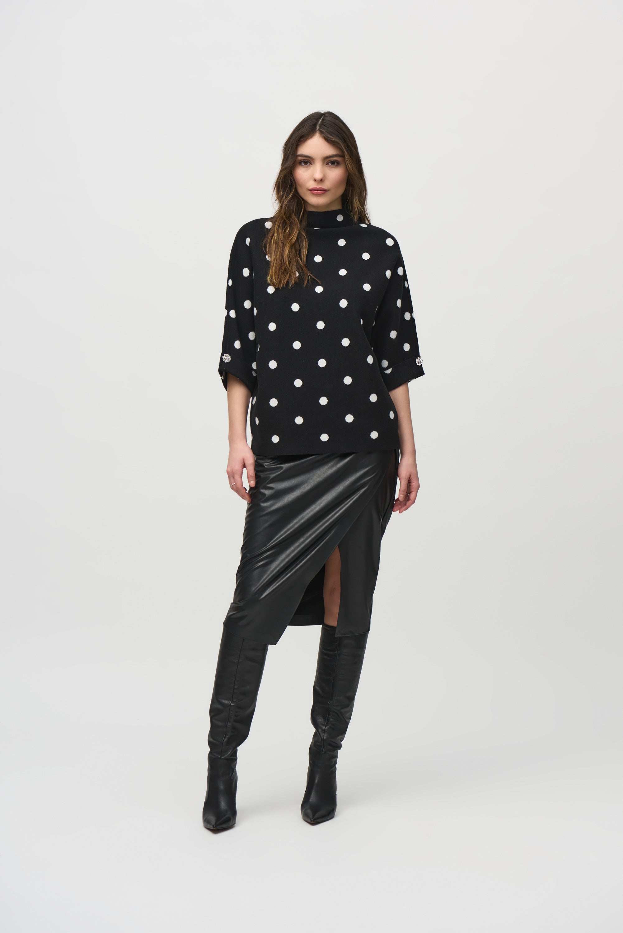 Joseph Ribkoff (244936) 3/4 Sleeve Jacquard Sweater Dot Print Top in Black and Vanilla/White