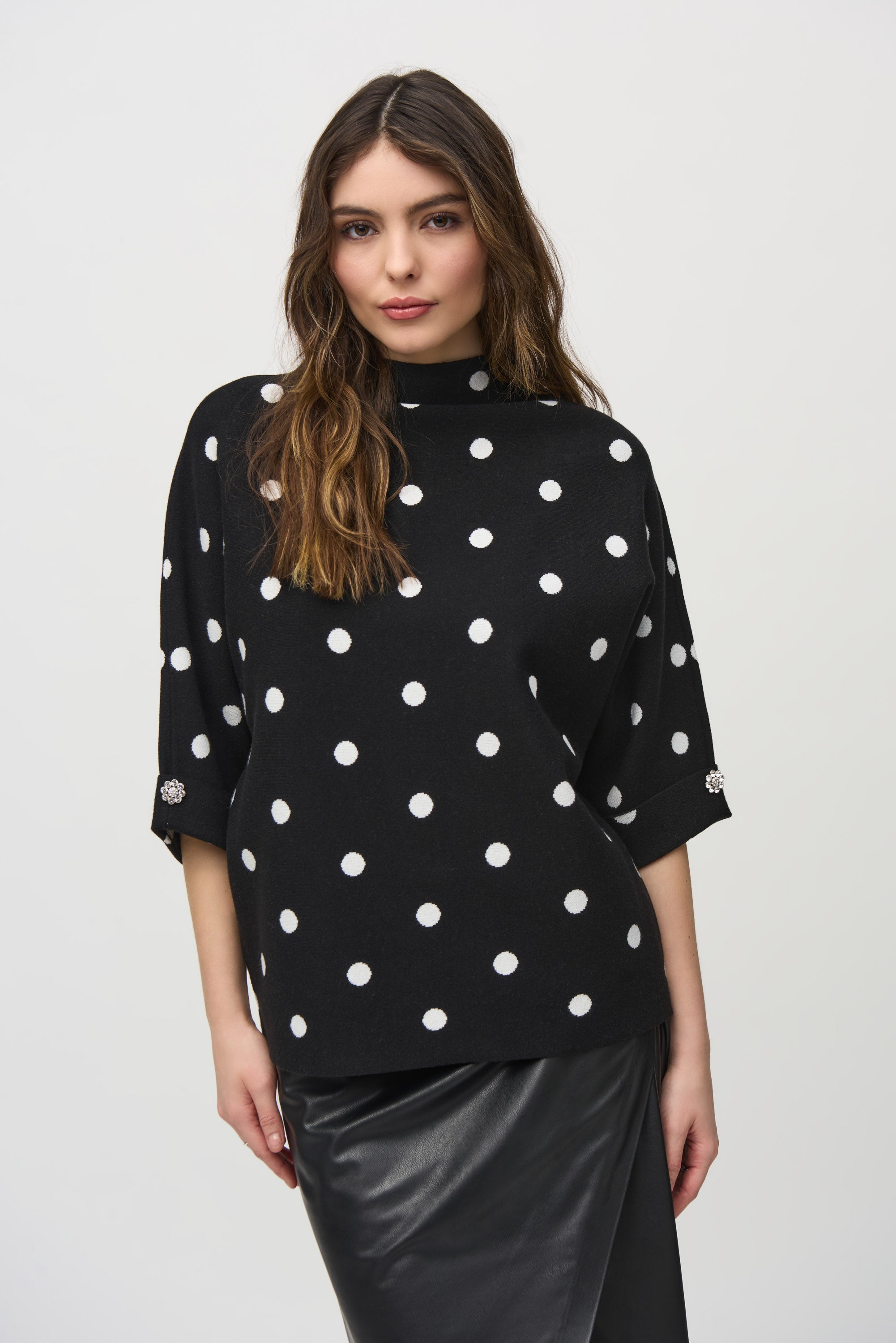 Joseph Ribkoff (244936) 3/4 Sleeve Jacquard Sweater Dot Print Top in Black and Vanilla/White