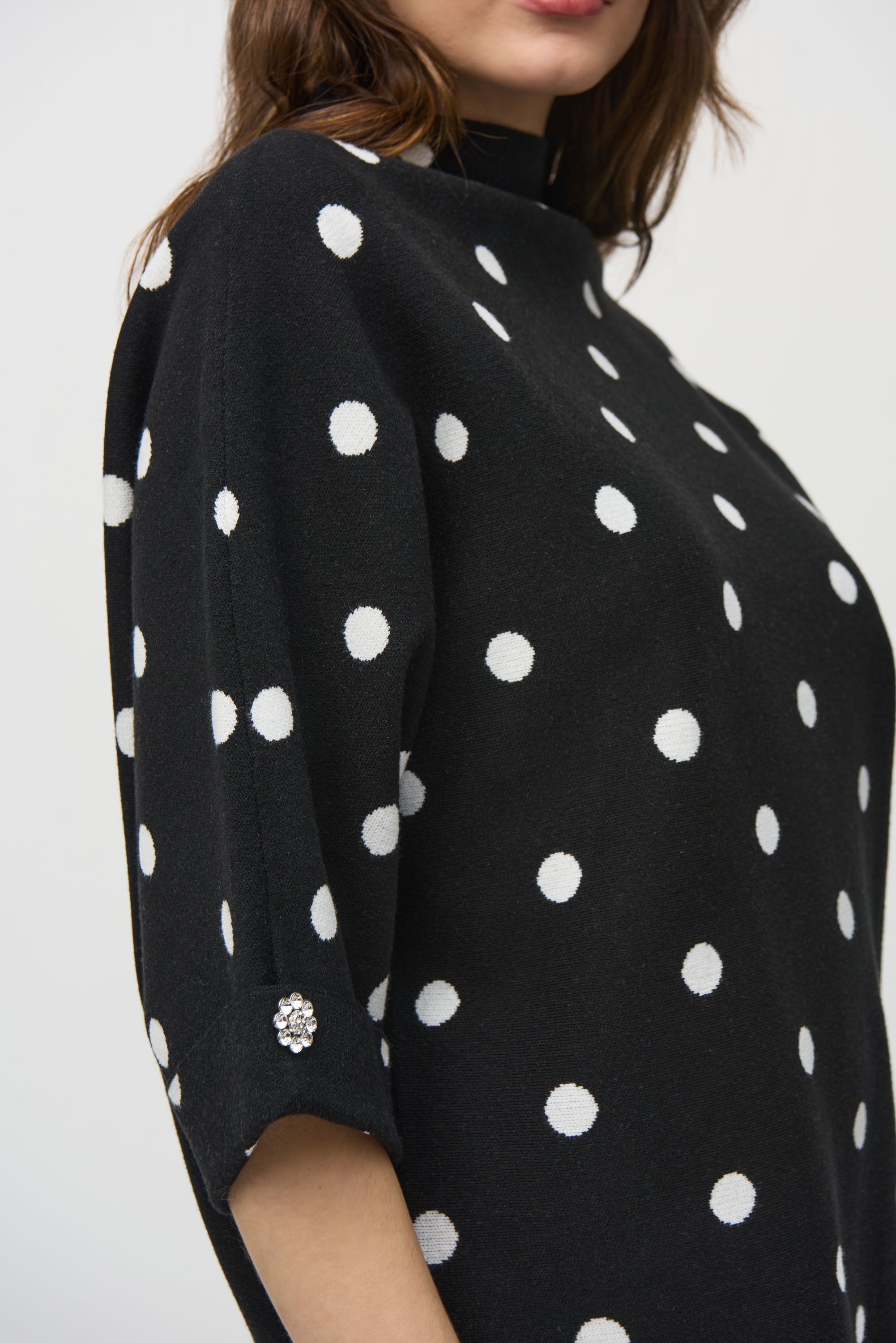 Sleeve Detail Joseph Ribkoff (244936) 3/4 Sleeve Jacquard Sweater Dot Print Top in Black and Vanilla/White