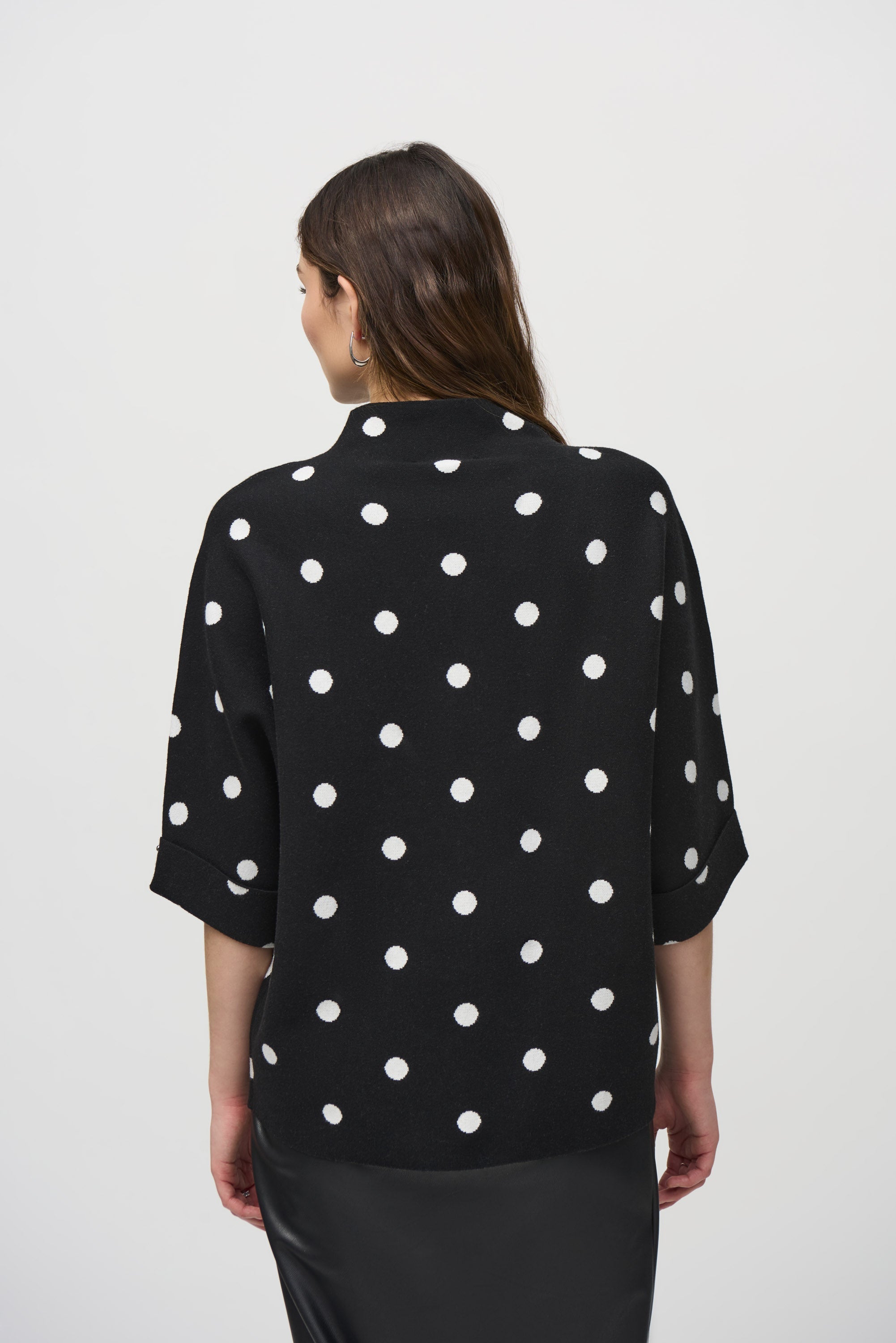 Back View Joseph Ribkoff (244936) 3/4 Sleeve Jacquard Sweater Dot Print Top in Black and Vanilla/White