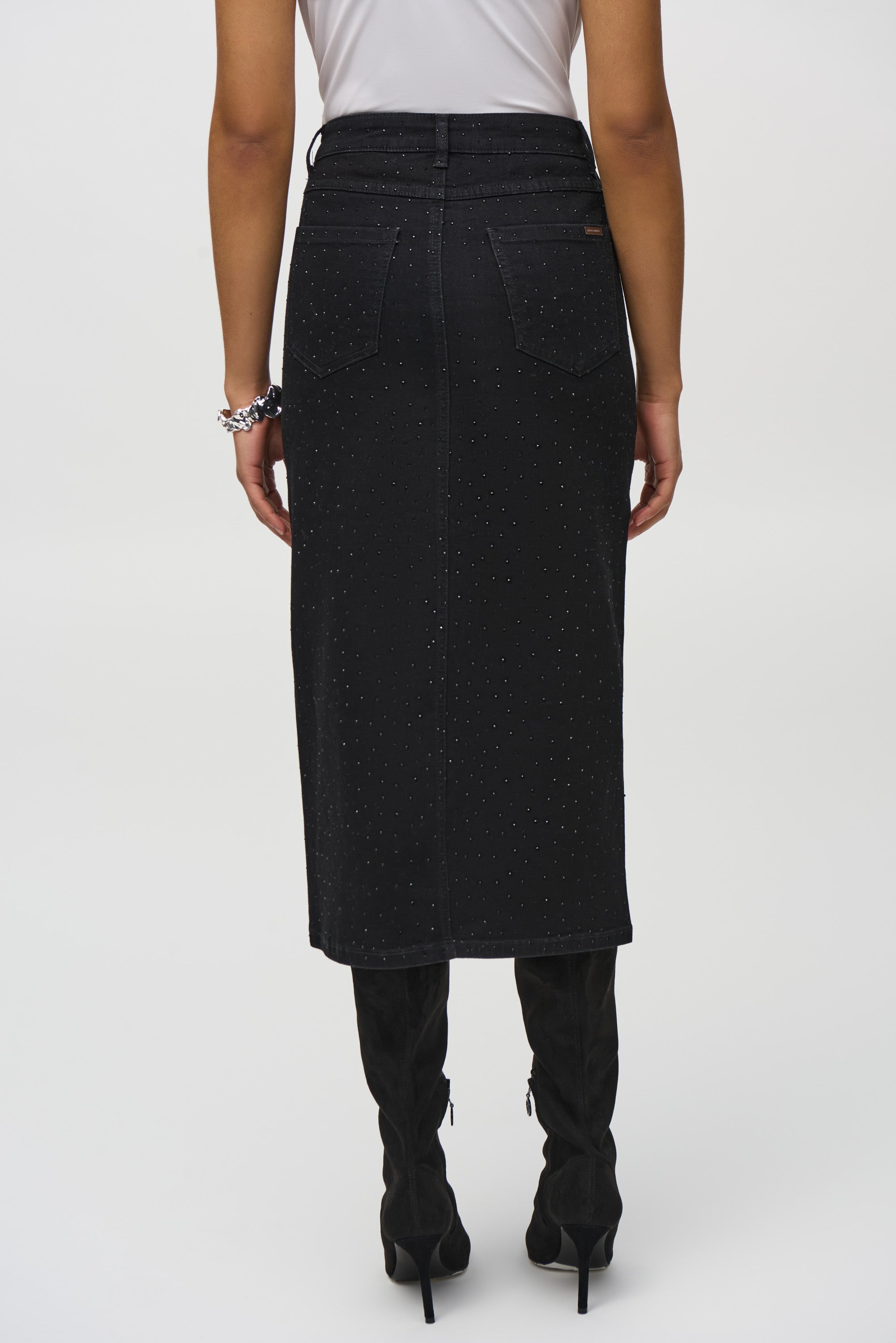 Back View Joseph Ribkoff (244944) Midi Classic Denim Pencil Skirt With Rhinestones in Black