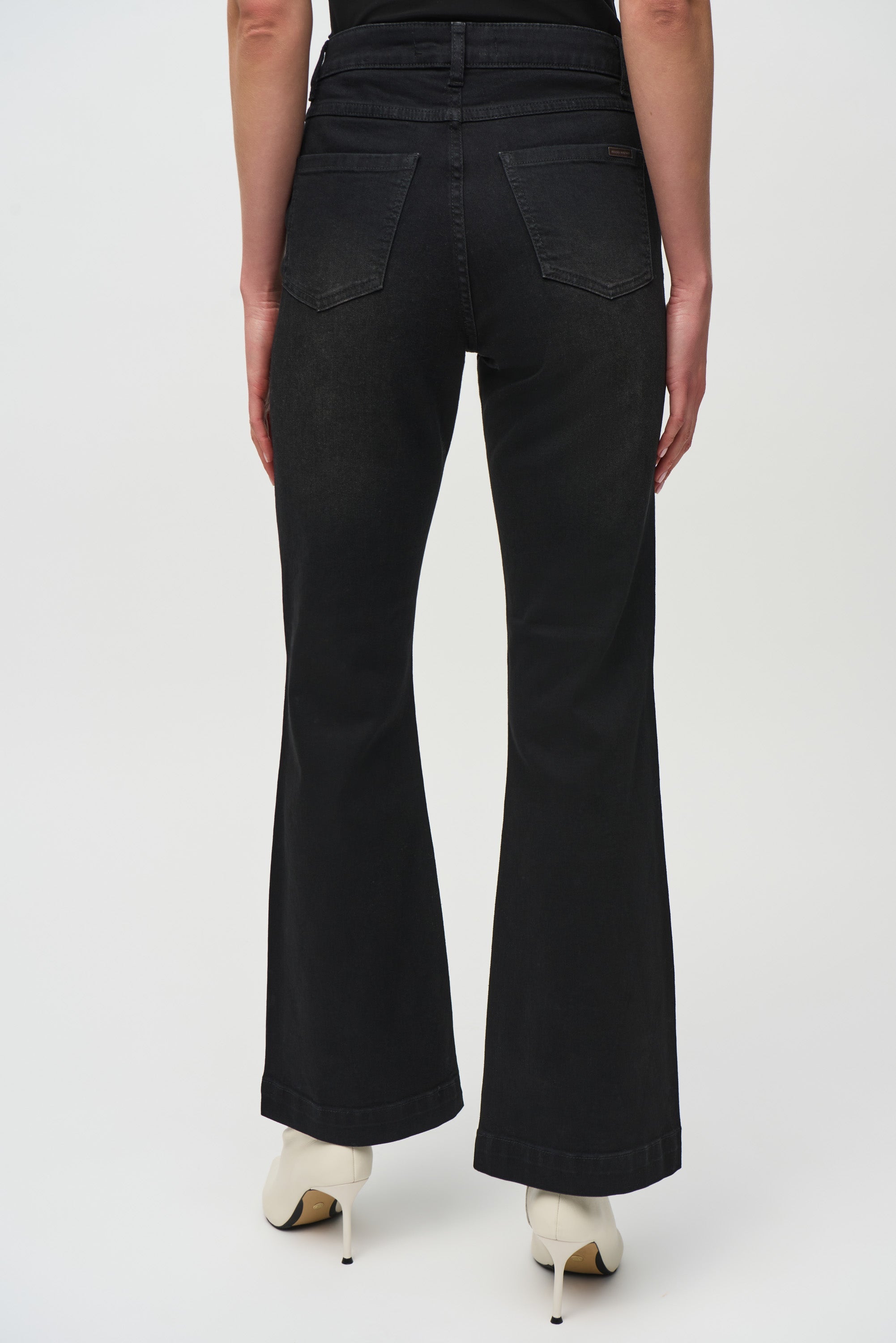 Back View of Joseph Ribkoff (244949) Classic Flared Denim Pants with Rhinestone Detail in Black