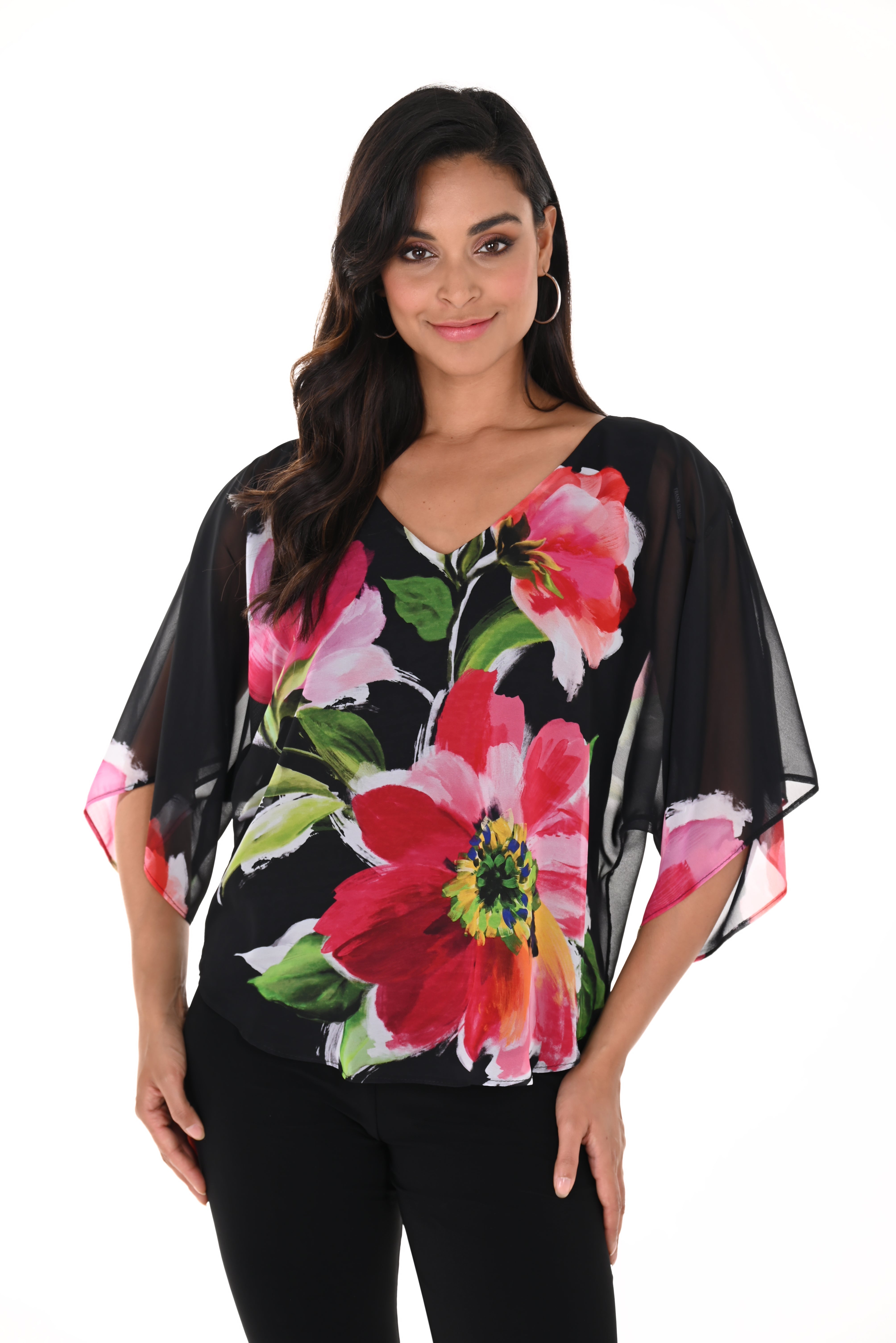 Frank Lyman (246186) Women's Vibrant Pink Floral Short Sleeve V-Neck Chiffon Top with Lining