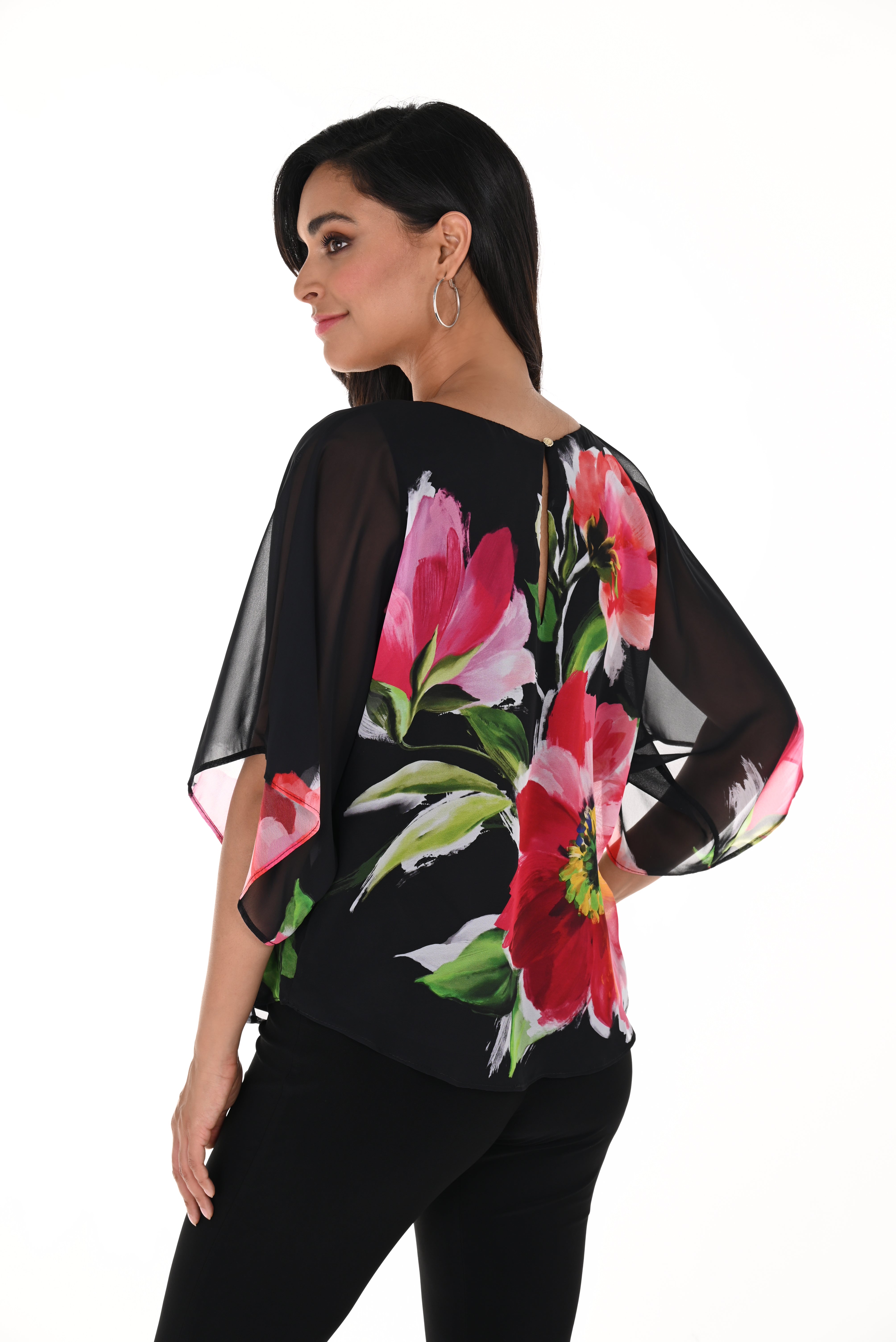 Back view of Frank Lyman (246186) Women's Vibrant Pink Floral Short Sleeve V-Neck Chiffon Top with Lining