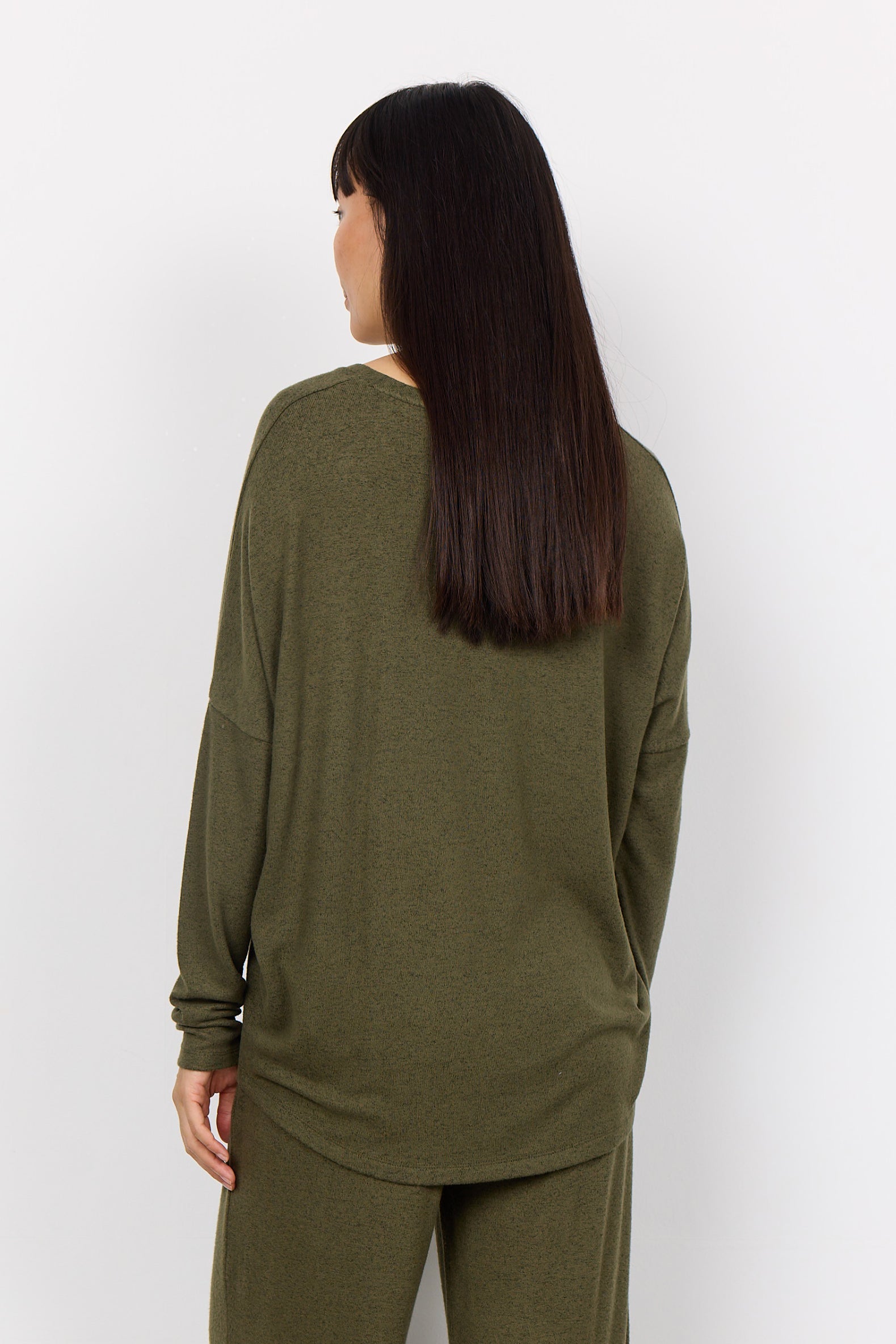 Back view of Soya Concept (24788) Women's Biara Long Sleeve Brushed Knit Top in Army Green