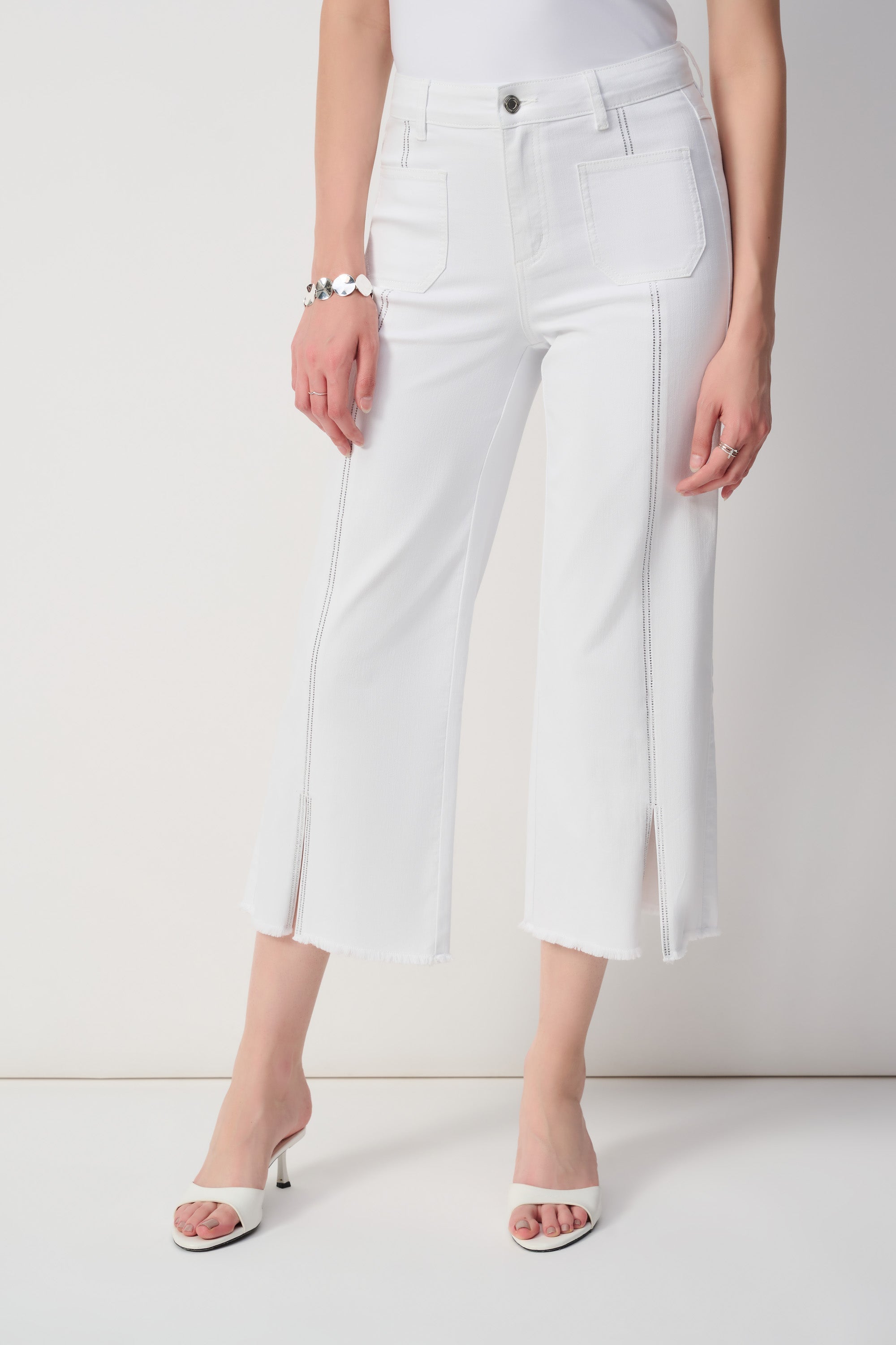 Joseph Ribkoff (251901) Women's White Denim Culotte Jeans With Embellished Front Seam and Split Frayed Hem