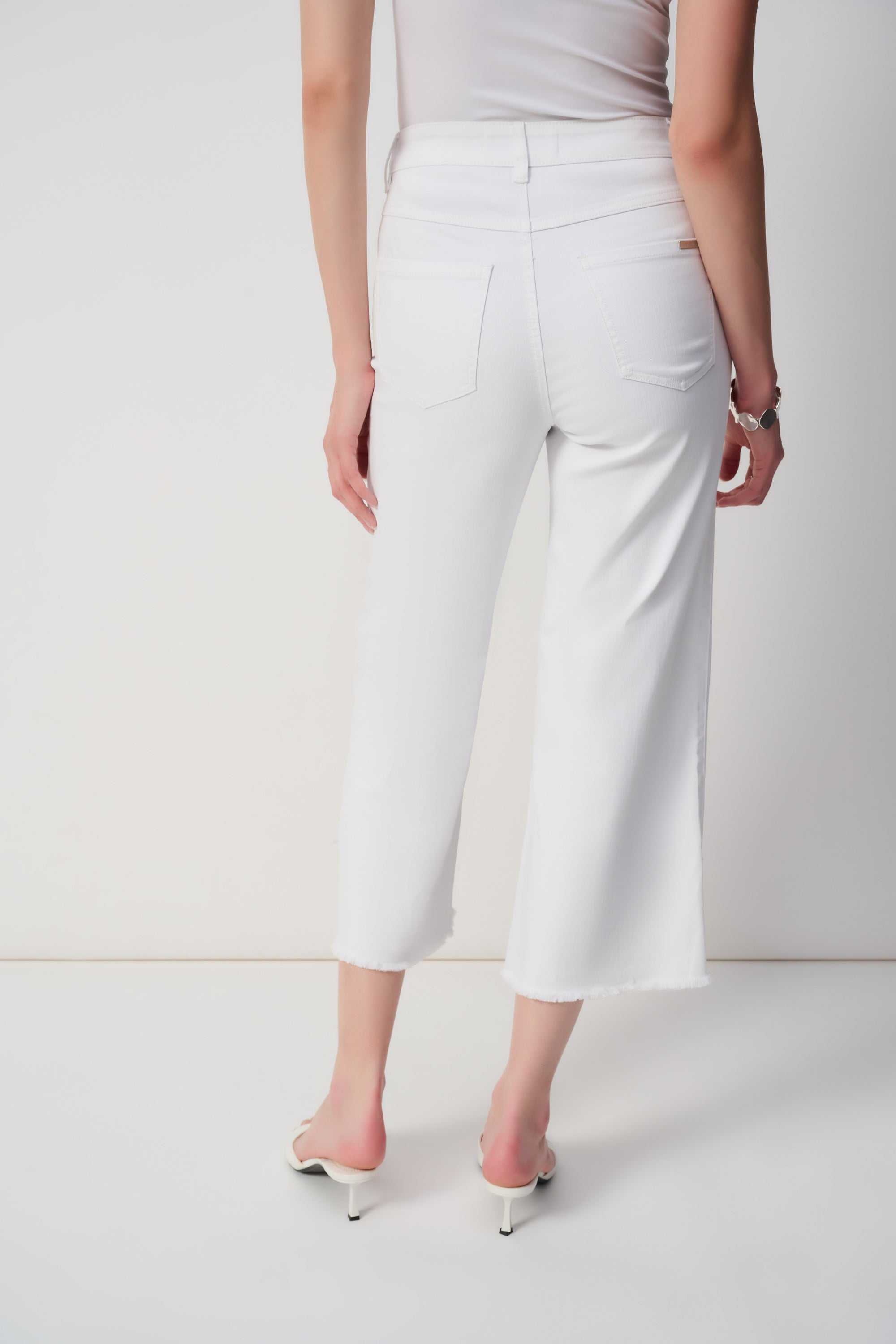 Joseph Ribkoff (251901) Women's White Denim Culotte Jeans With Embellished Front Seam and Split Frayed Hem