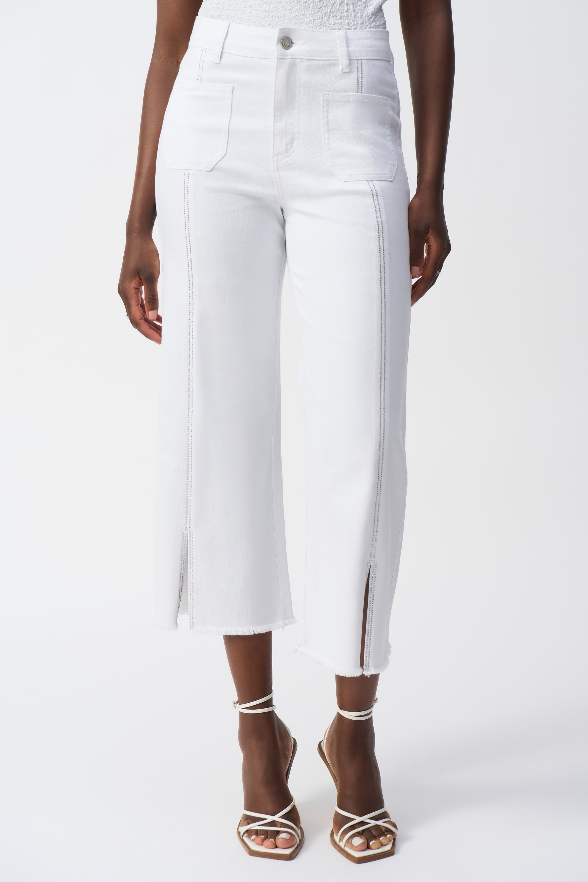 Joseph Ribkoff (251901) Women's White Denim Culotte Jeans With Embellished Front Seam and Split Frayed Hem