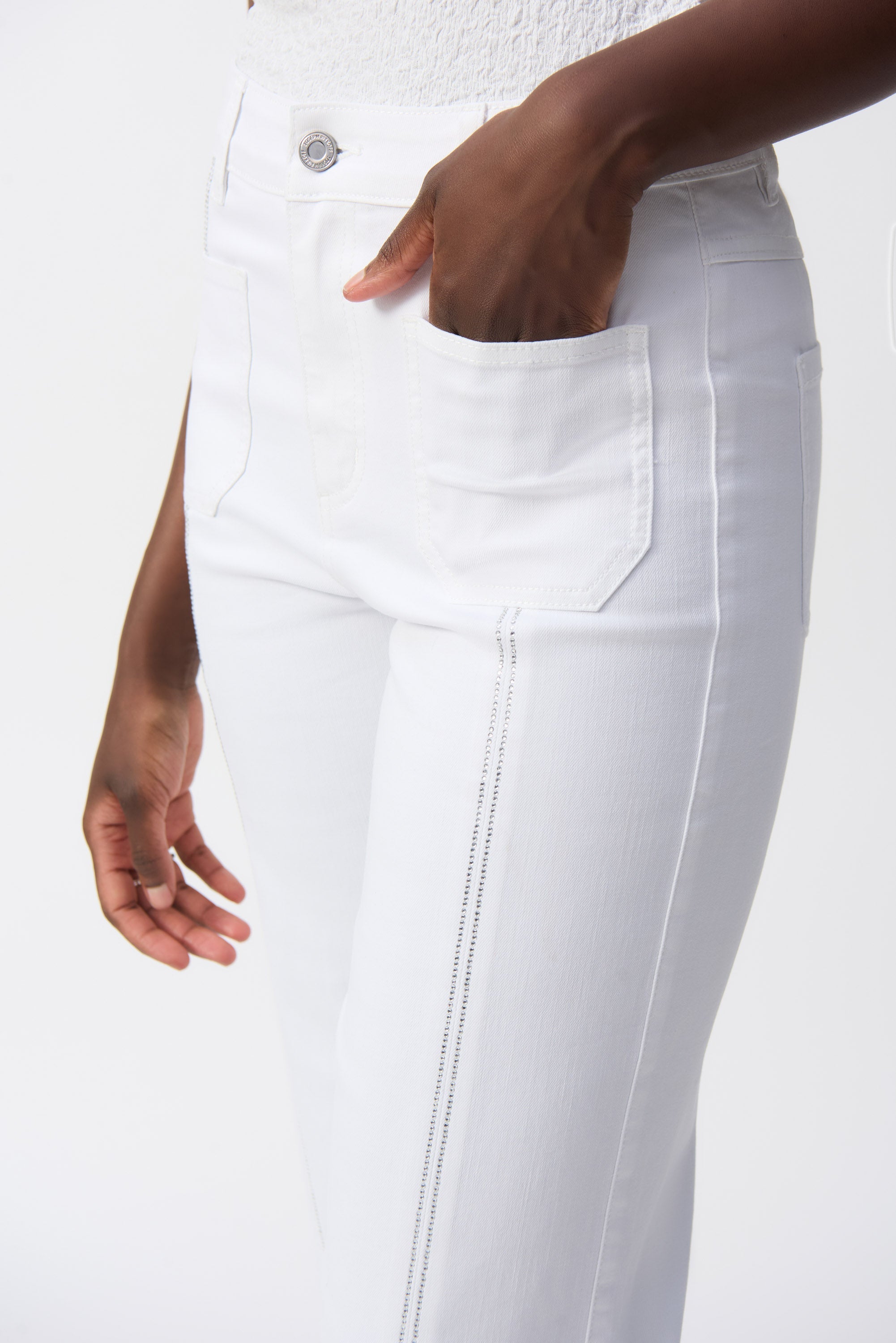 Joseph Ribkoff (251901) Women's White Denim Culotte Jeans With Embellished Front Seam and Split Frayed Hem