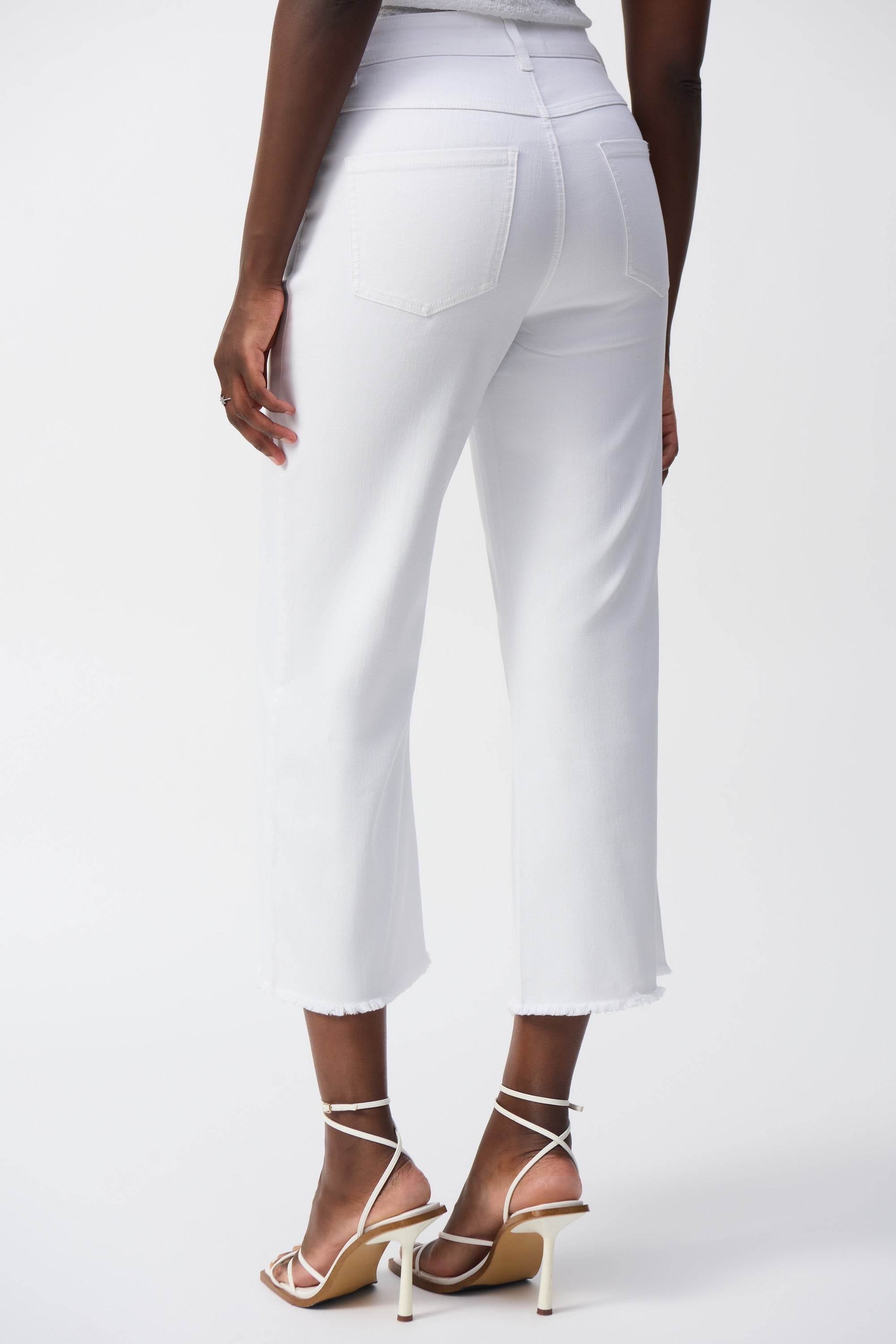 Joseph Ribkoff (251901) Women's White Denim Culotte Jeans With Embellished Front Seam and Split Frayed Hem